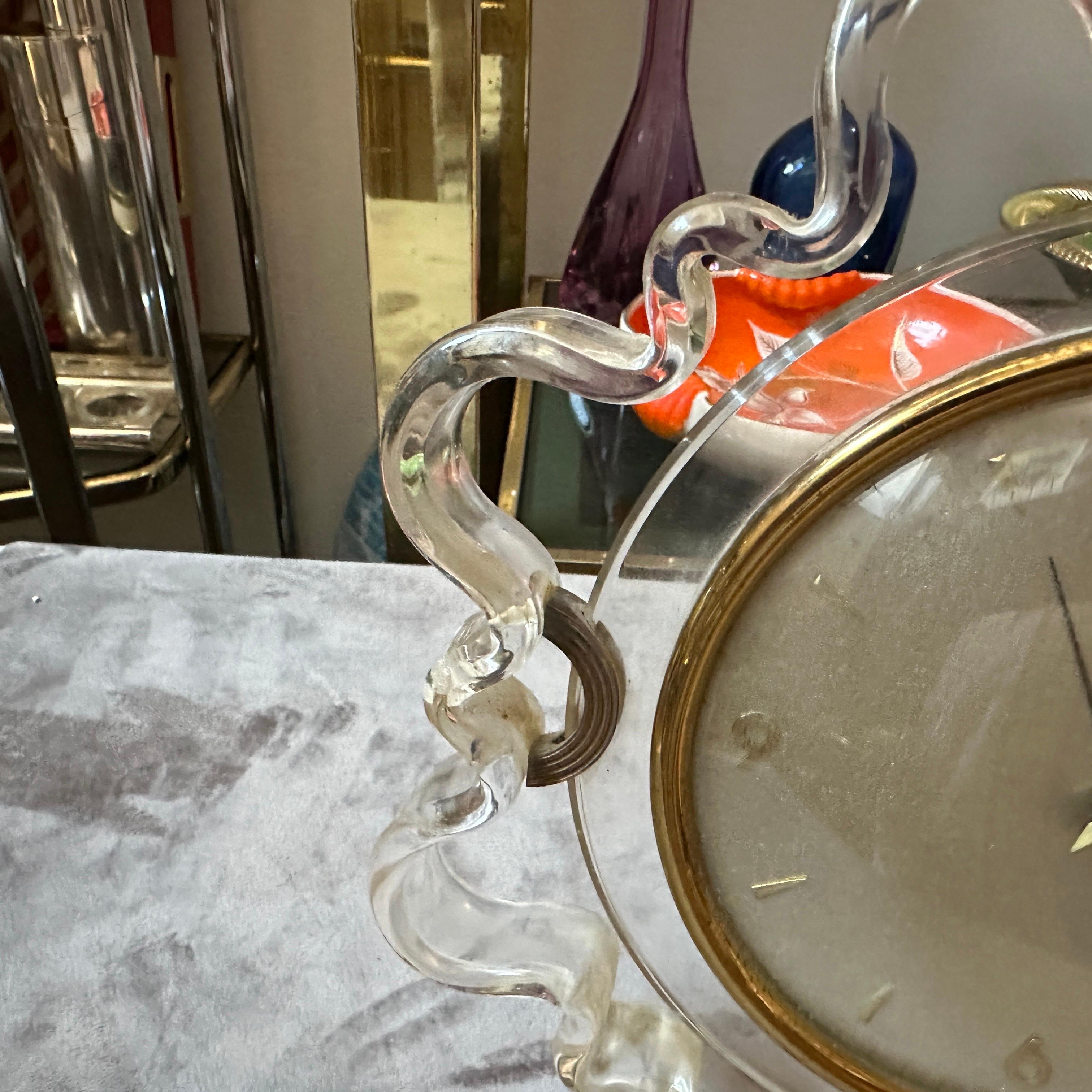 Italian 1950s Mid-Century Modern Brass and Clear Lucite Table Alarm Clock by Italora