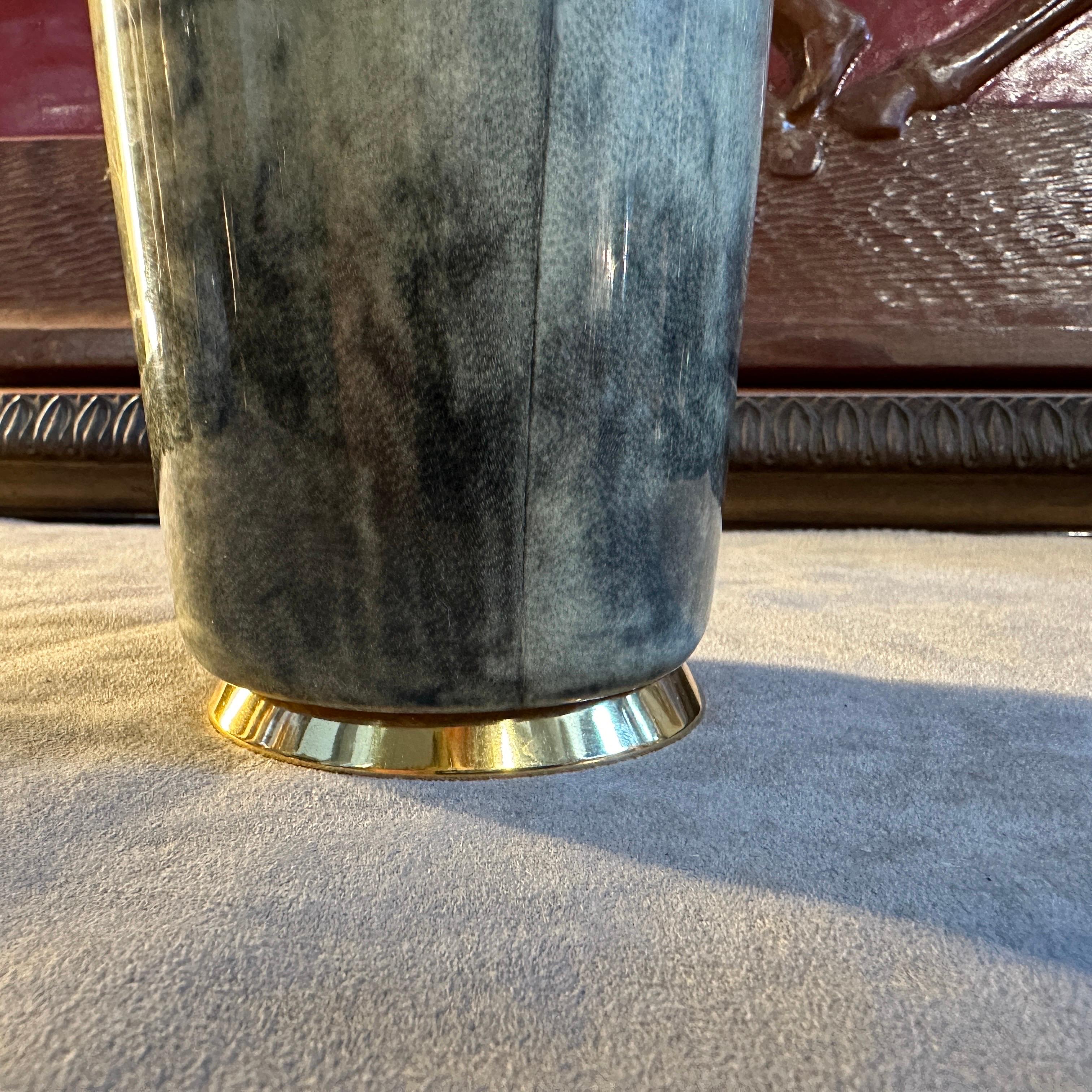 Hand-Crafted 1950s Mid-Century Modern Brass and Green Goatskin Cocktail Shaker by Aldo Tura For Sale