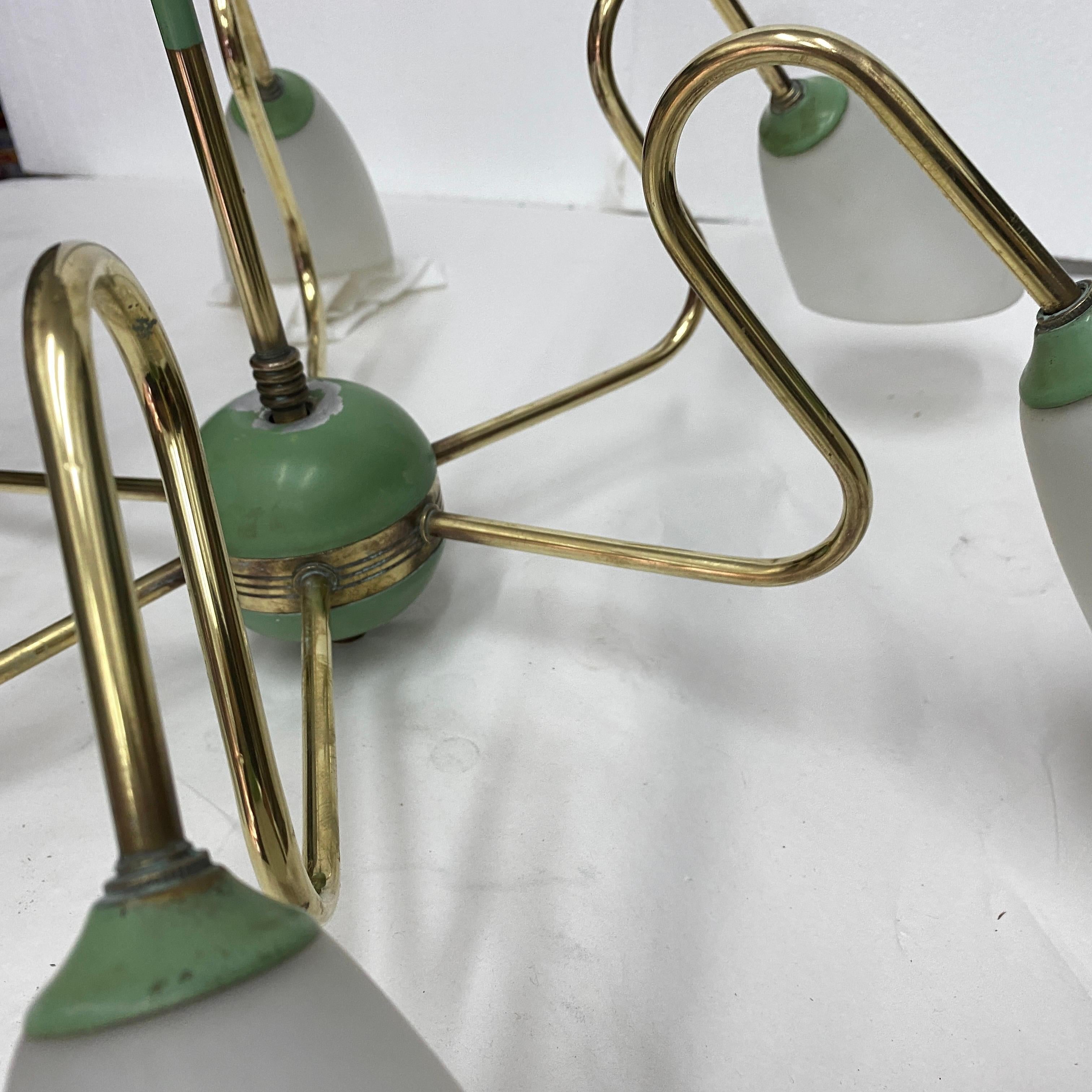1950s Mid-Century Modern Brass and Green Painted Metal Italian Chandelier 6