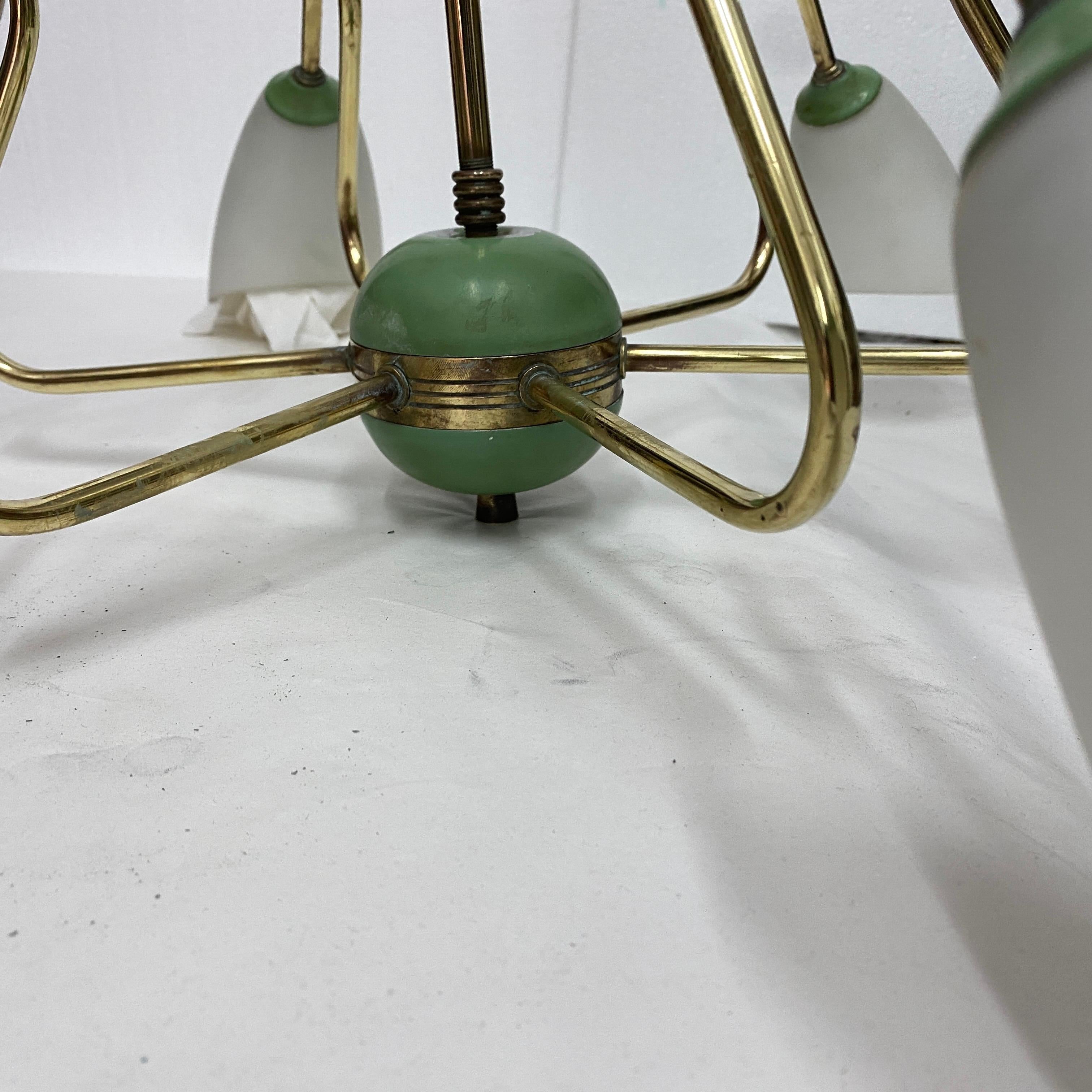 1950s Mid-Century Modern Brass and Green Painted Metal Italian Chandelier 7