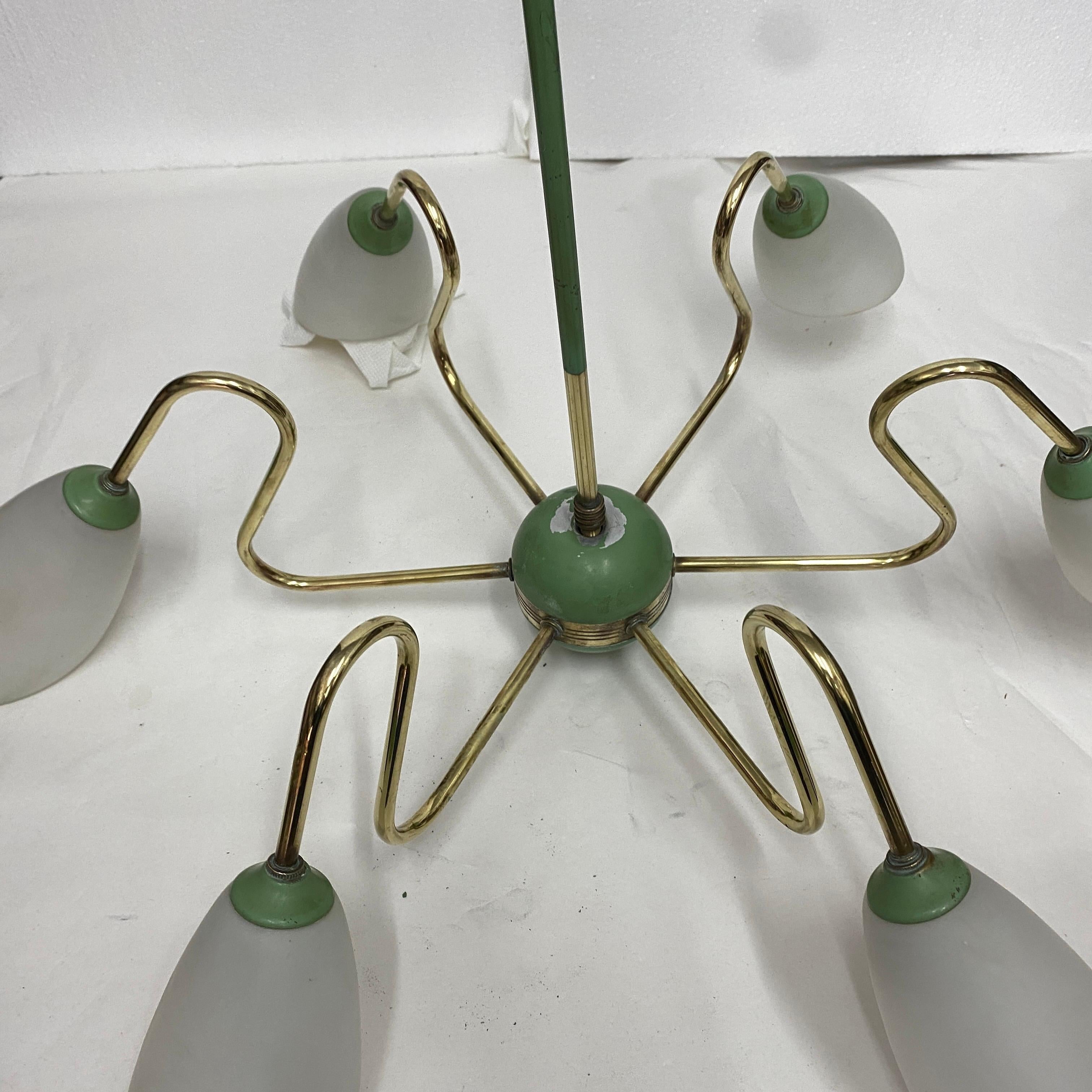 20th Century 1950s Mid-Century Modern Brass and Green Painted Metal Italian Chandelier