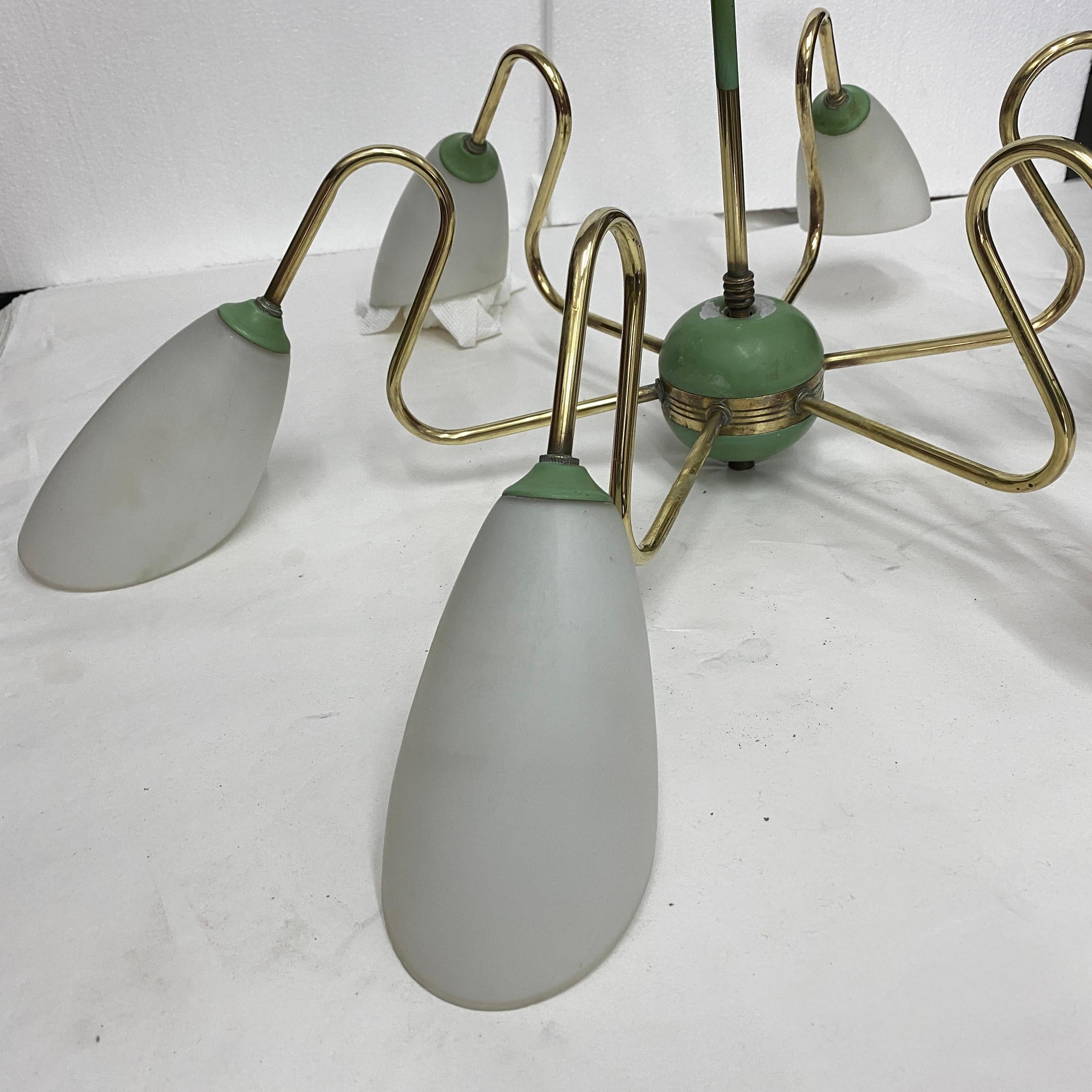 1950s Mid-Century Modern Brass and Green Painted Metal Italian Chandelier 1