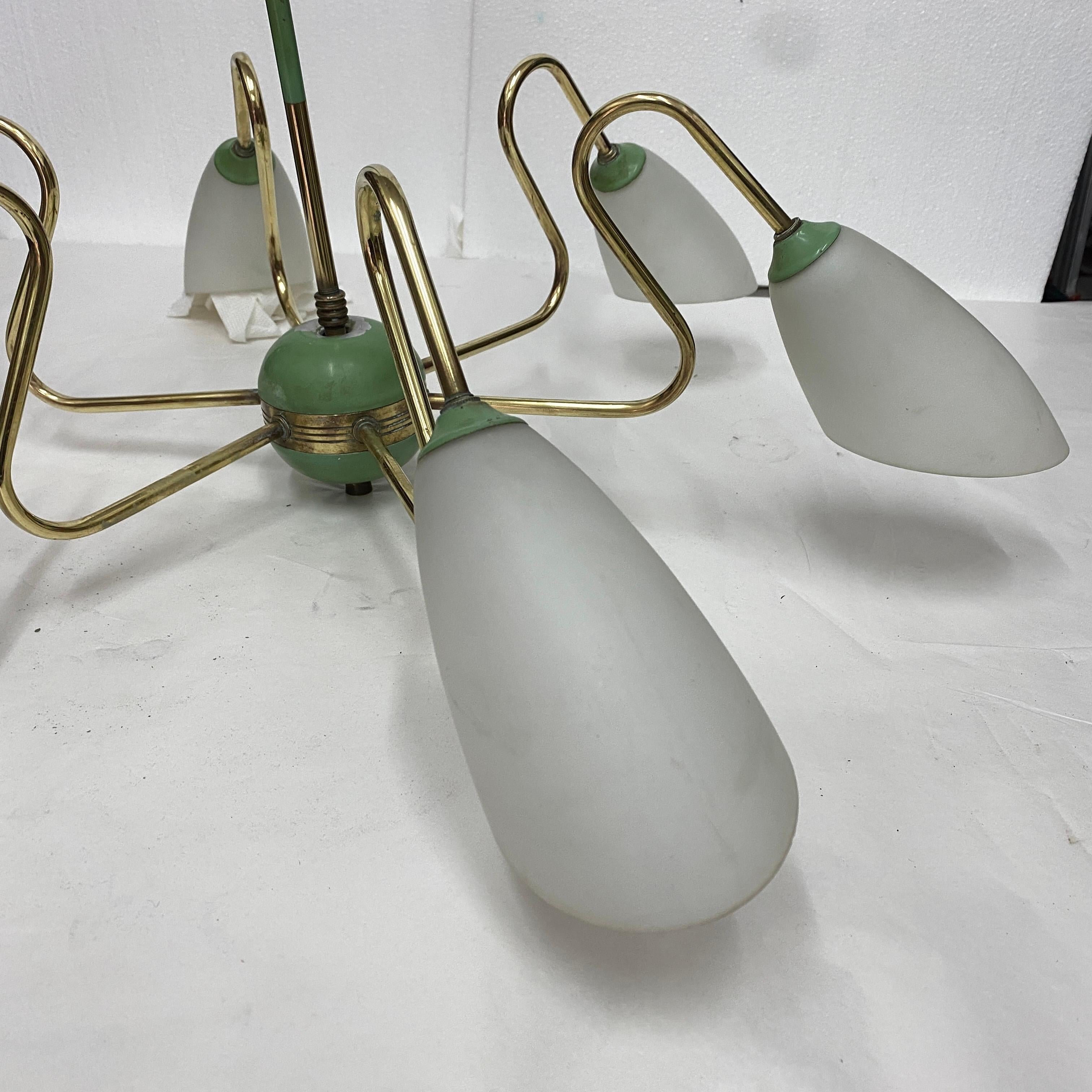 1950s Mid-Century Modern Brass and Green Painted Metal Italian Chandelier 2