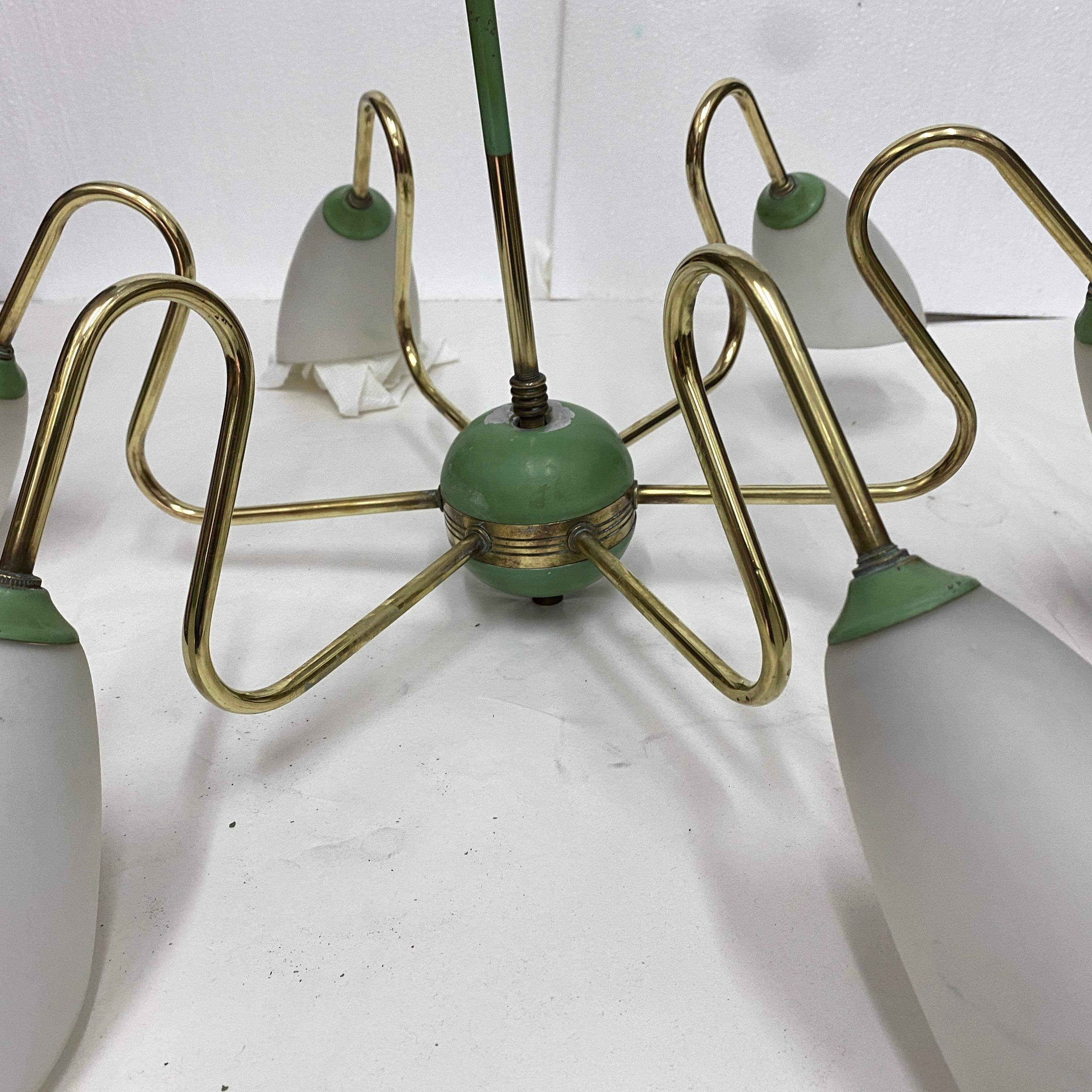 1950s Mid-Century Modern Brass and Green Painted Metal Italian Chandelier 3