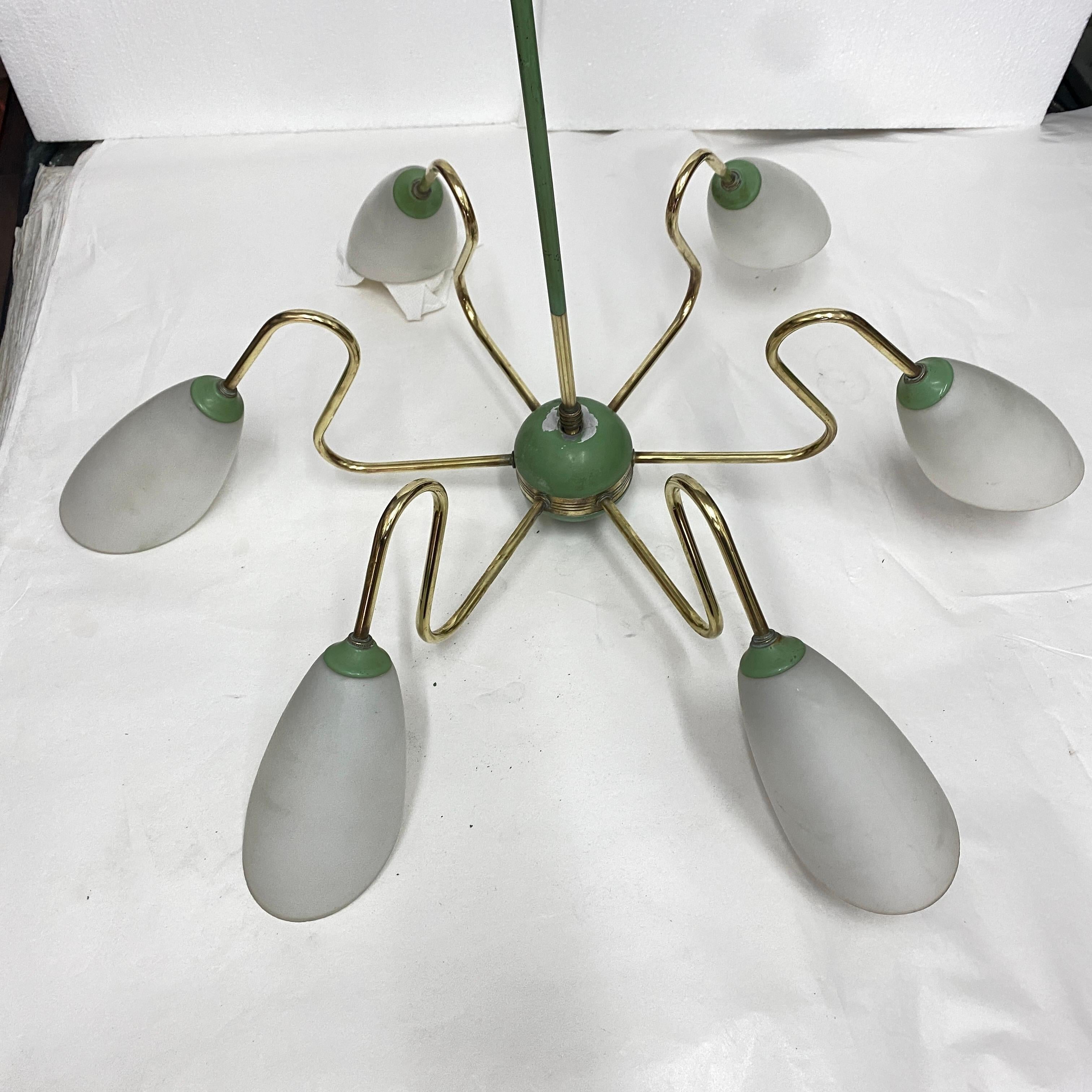 1950s Mid-Century Modern Brass and Green Painted Metal Italian Chandelier 4