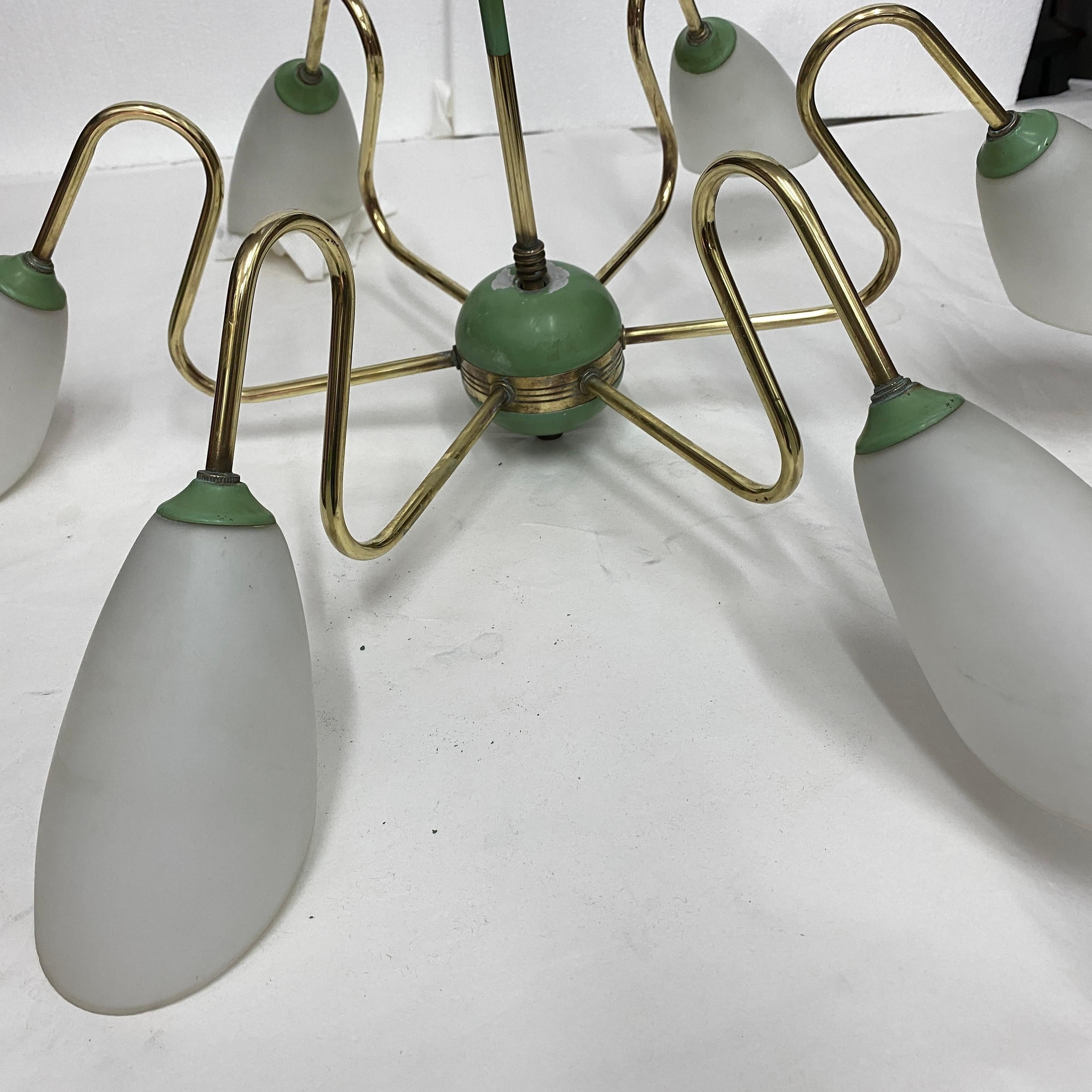 1950s Mid-Century Modern Brass and Green Painted Metal Italian Chandelier 5