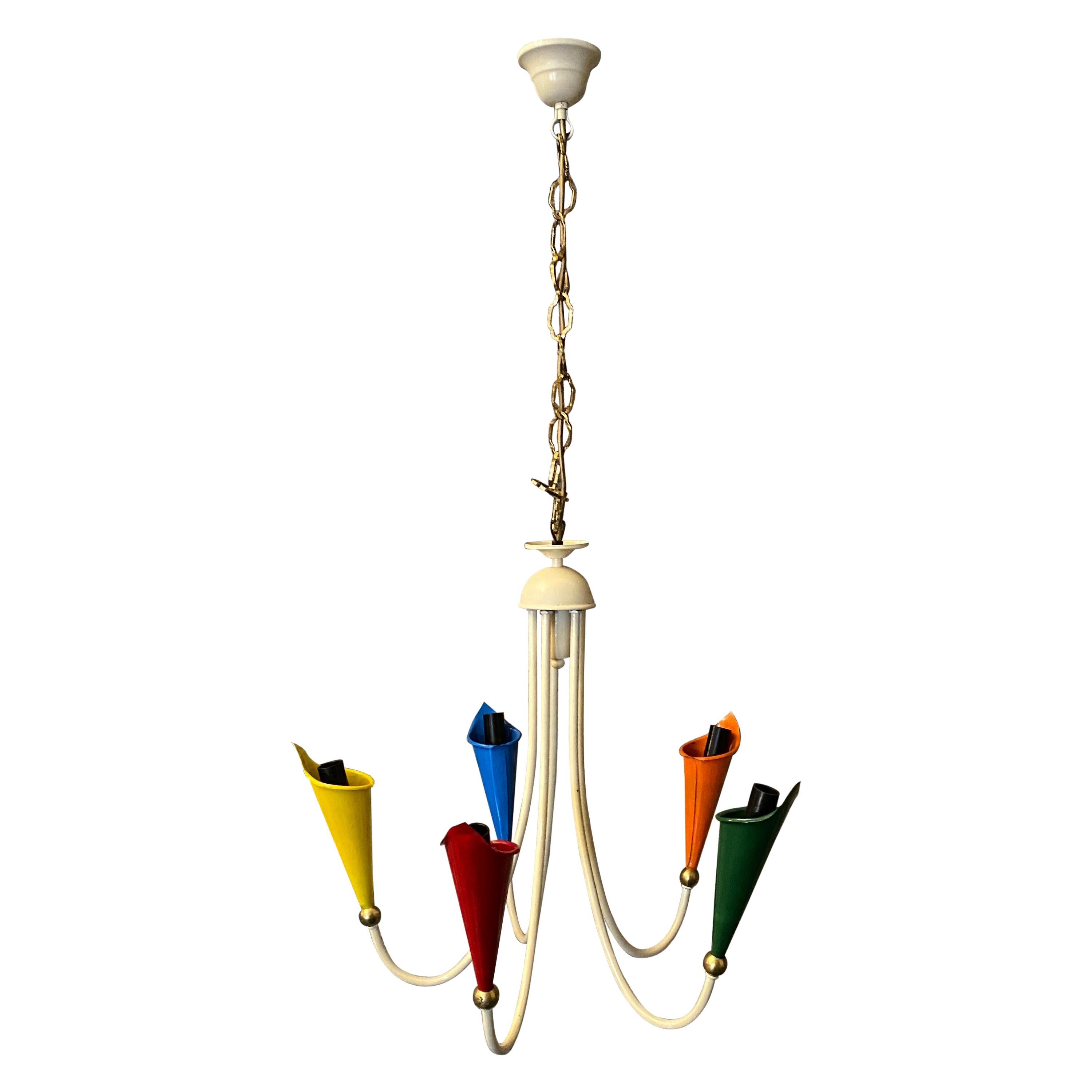 1950s Mid-Century Modern Brass and Painted Metal Italian Chandelier For Sale