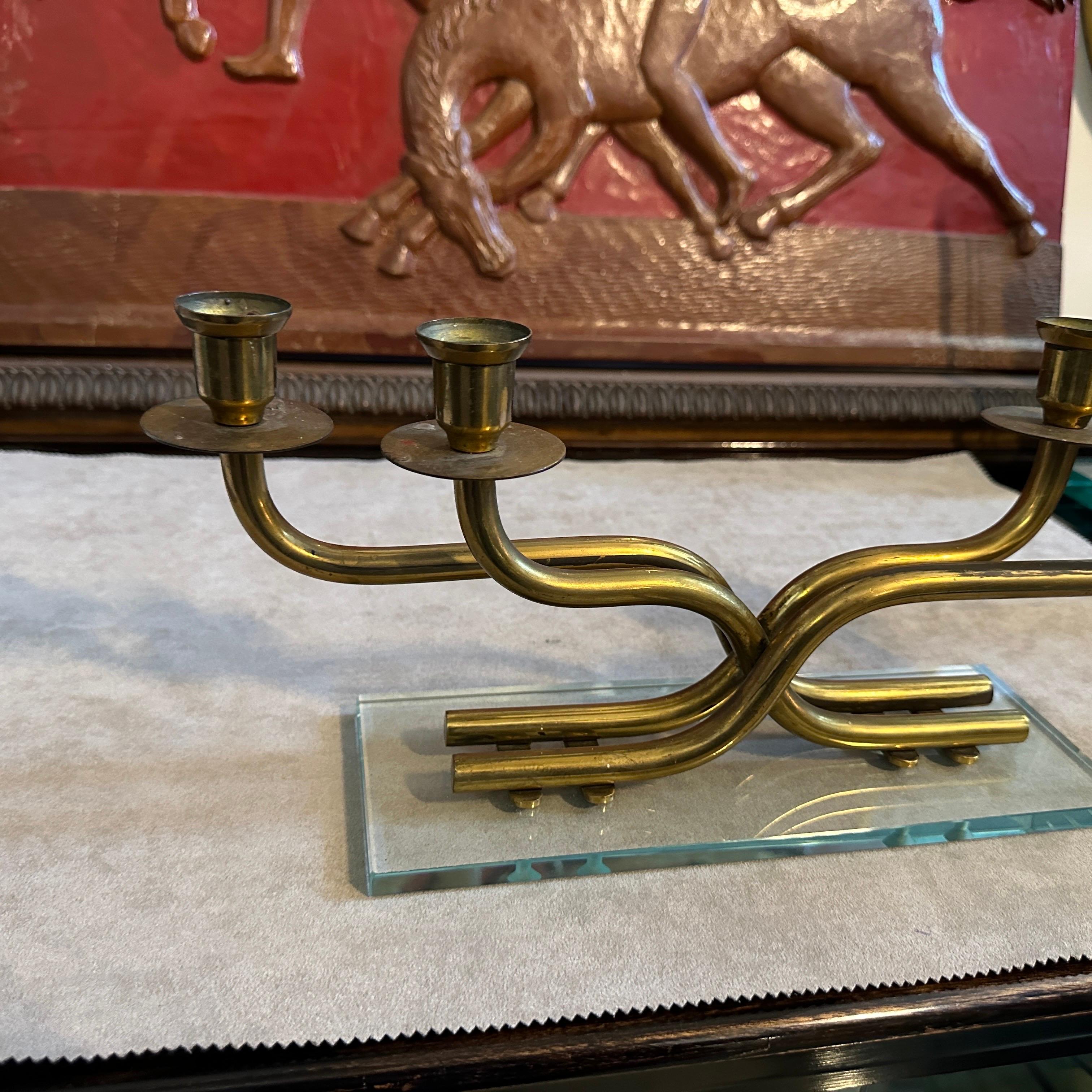 20th Century 1950s Mid-Century Modern Brass and Verde Nilo Glass Italian Candelabra For Sale