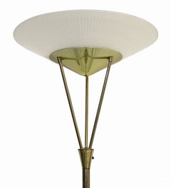 1950s Mid-Century Modern Brass Torchiere Floor Lamp with Detailed Glass Shade