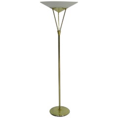1950s Mid-Century Modern Brass Torchiere Floor Lamp with Detailed Glass Shade