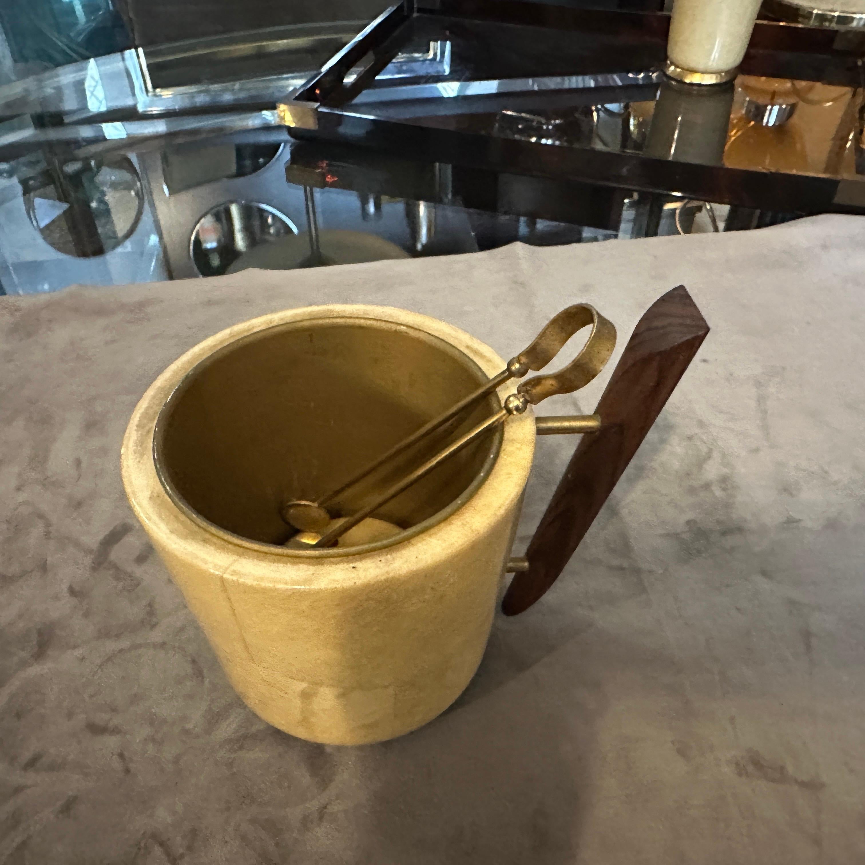 Italian 1950s Mid-Century Modern Brass, Wood and Goatskin Ice Bucket by Aldo Tura For Sale