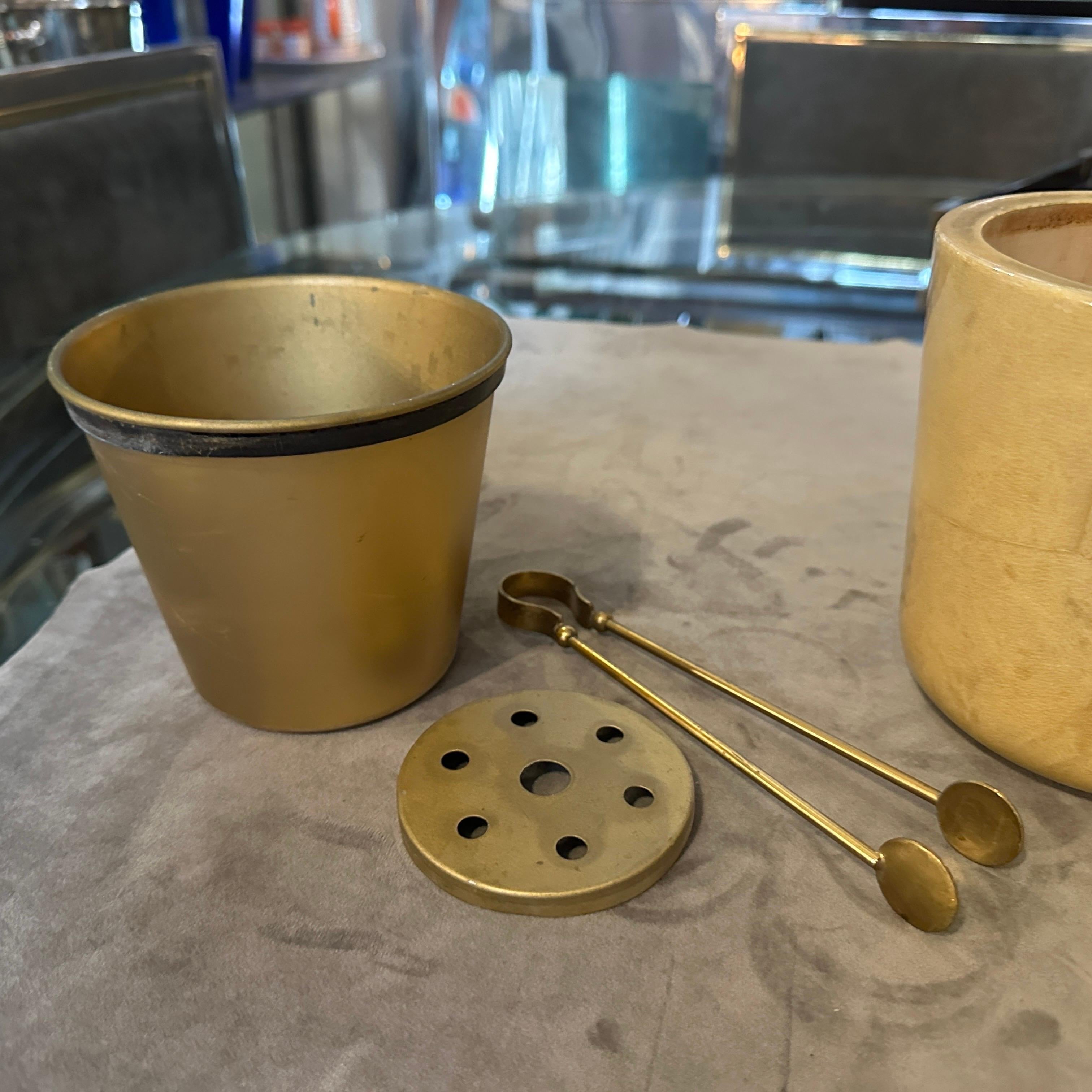 20th Century 1950s Mid-Century Modern Brass, Wood and Goatskin Ice Bucket by Aldo Tura For Sale