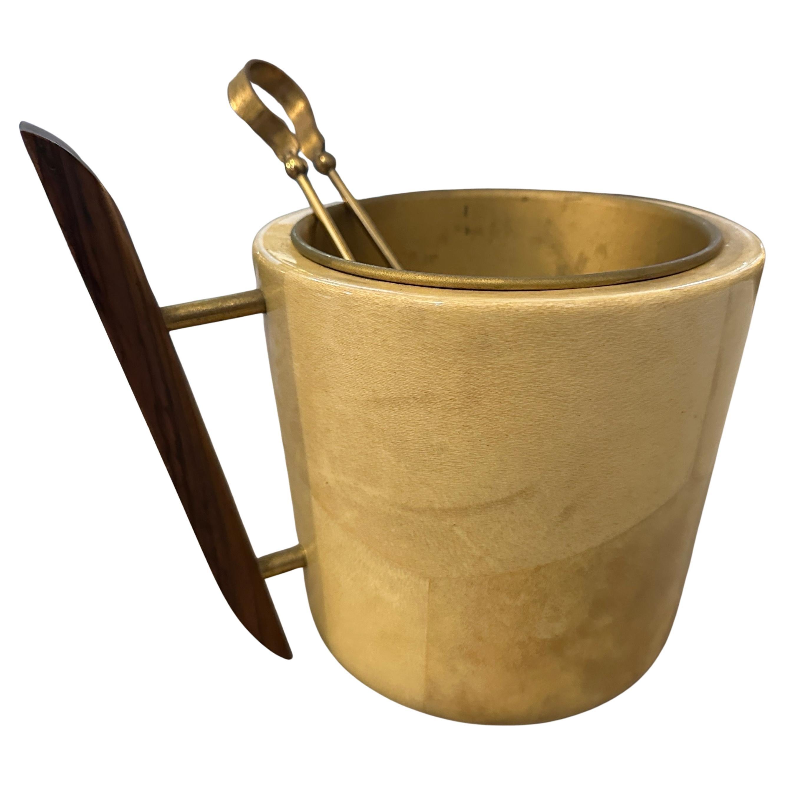 1950s Mid-Century Modern Brass, Wood and Goatskin Ice Bucket by Aldo Tura For Sale