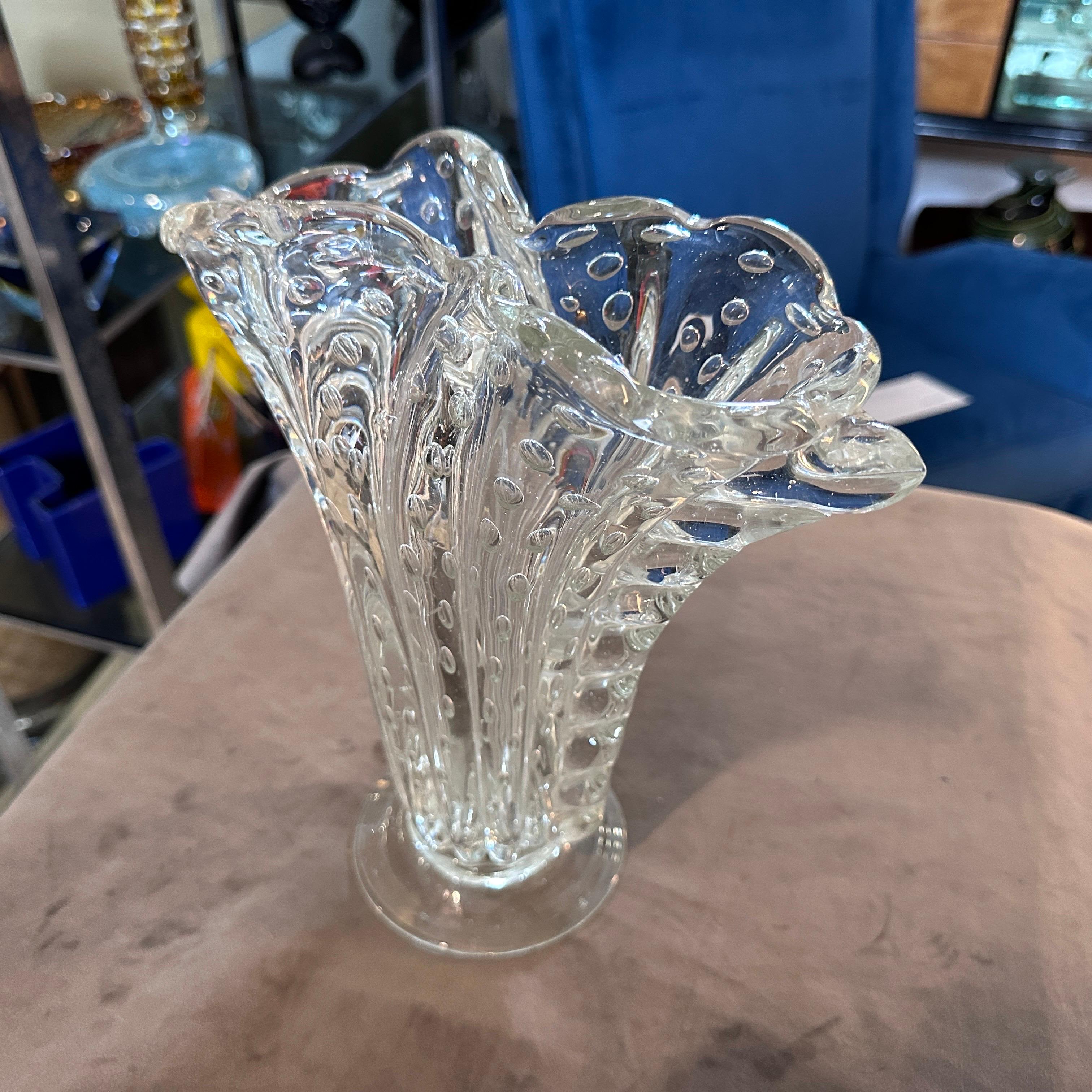 Italian 1950s Mid-Century Modern Bullicante Clear Murano Glass Vase by Barovier For Sale