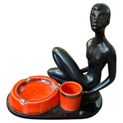 1950s Mid-Century Modern Ceramic and Black Glass Italian Smoking Set