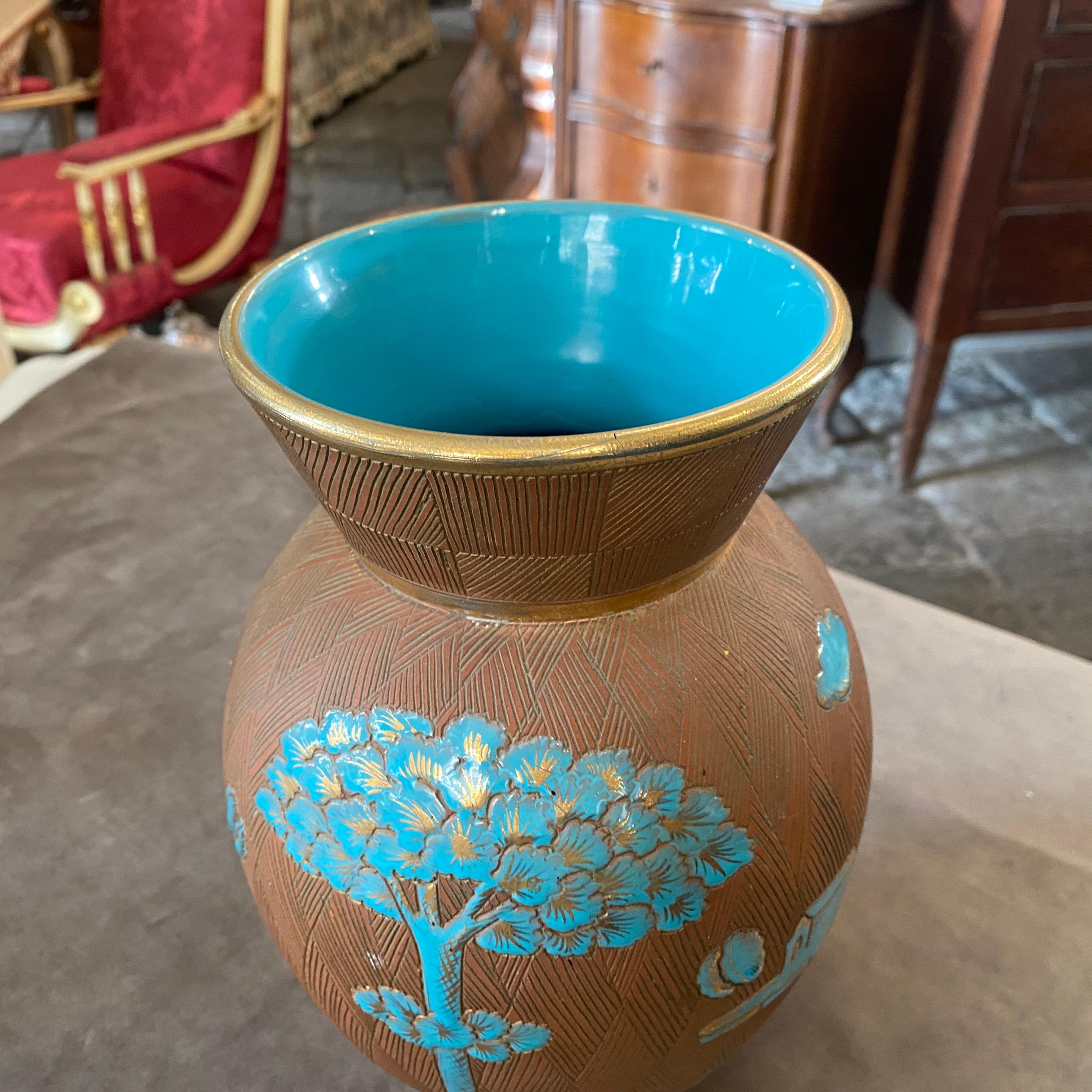 Hand-Painted 1950s Mid-Century Modern Blue and Brown Ceramic Italian Vase by Fantechi For Sale