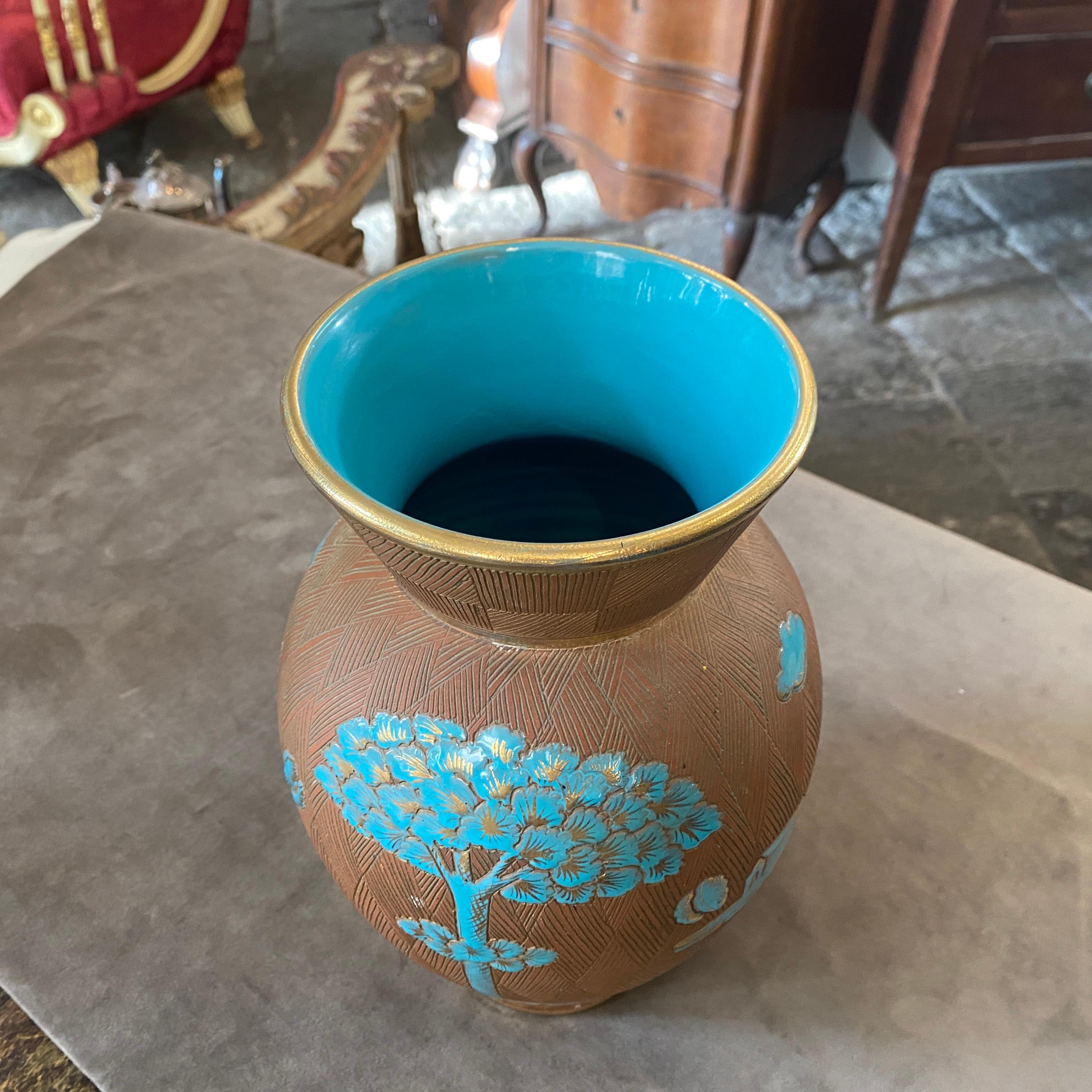 1950s Mid-Century Modern Blue and Brown Ceramic Italian Vase by Fantechi In Good Condition For Sale In Aci Castello, IT