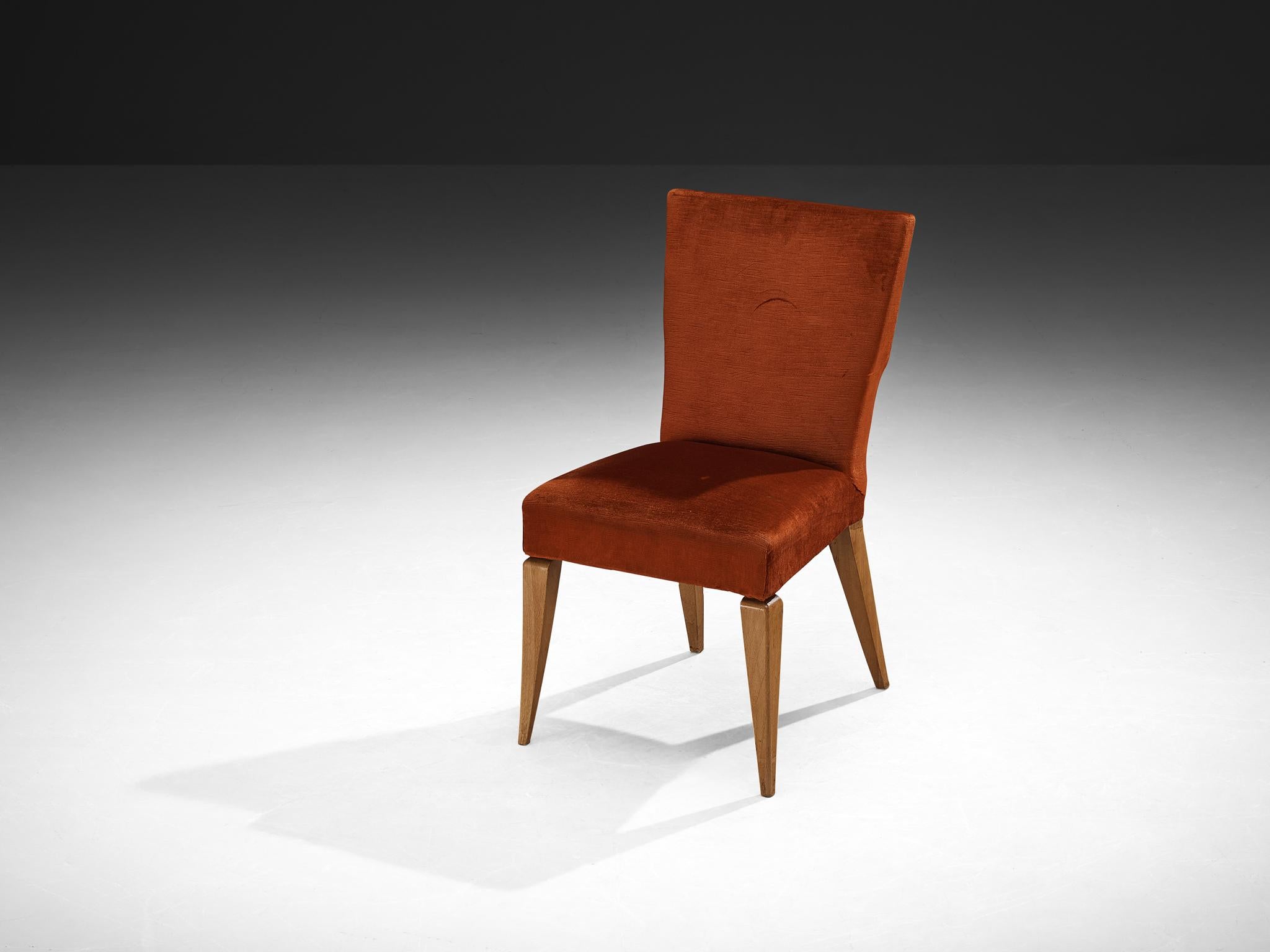 In the manner of Melchiorre Bega, chair, cherry, velvet fabric, Italy, 1950s 

This elegant piece of furniture is made in Italy in the 1950s. The stylistic elements and overall design distinctly showcase the refined craftsmanship and aesthetic of