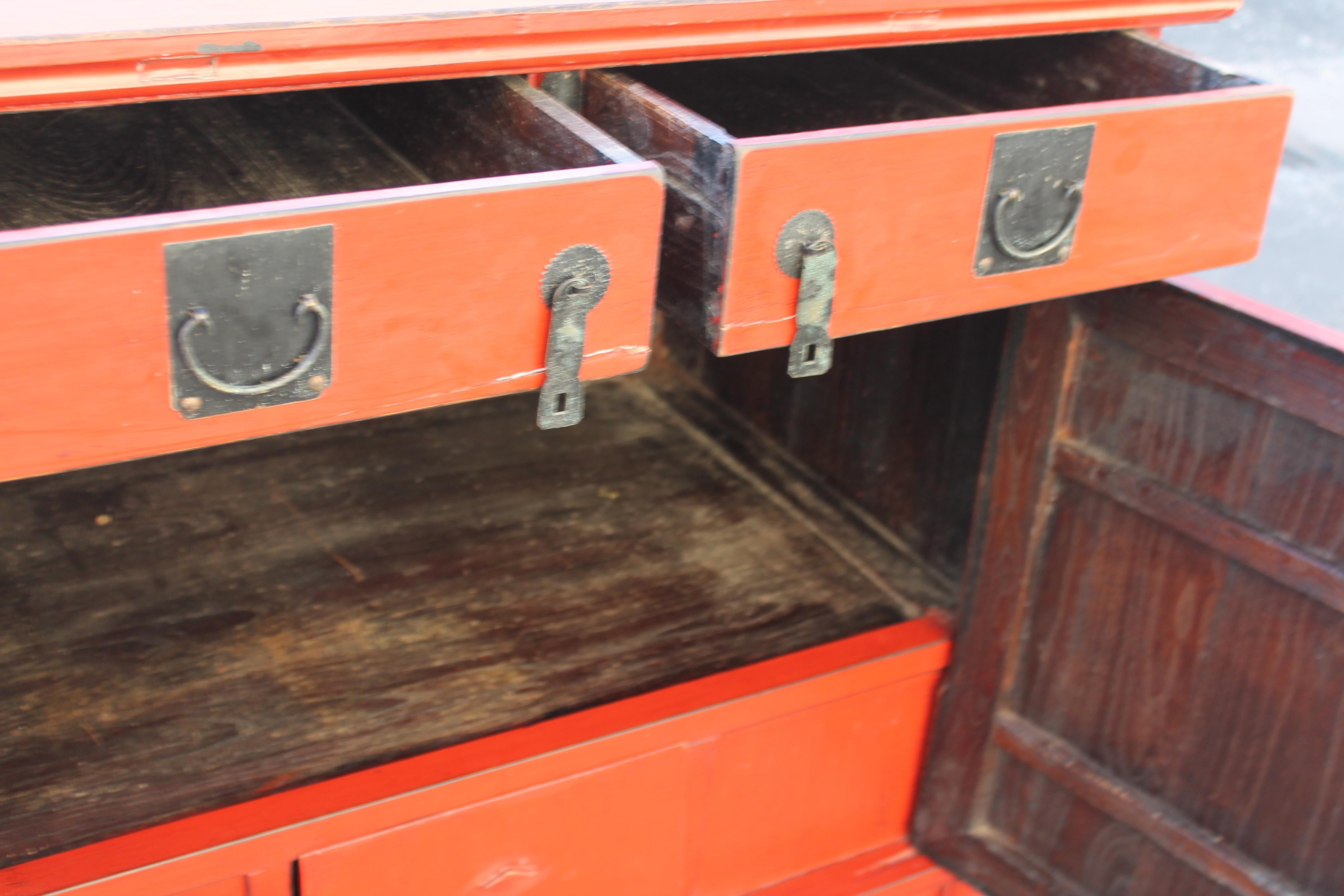 1950's Mid Century Modern Chinoise Asian Red Cabinet In Good Condition For Sale In Opa Locka, FL