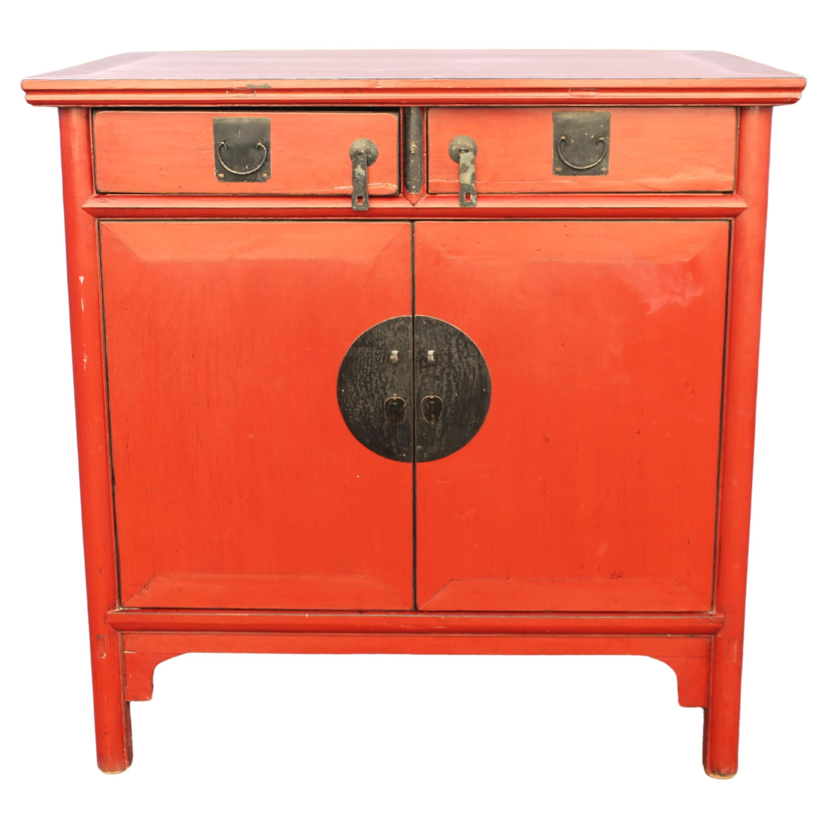 1950's Mid Century Modern Chinoise Asian Red Cabinet 