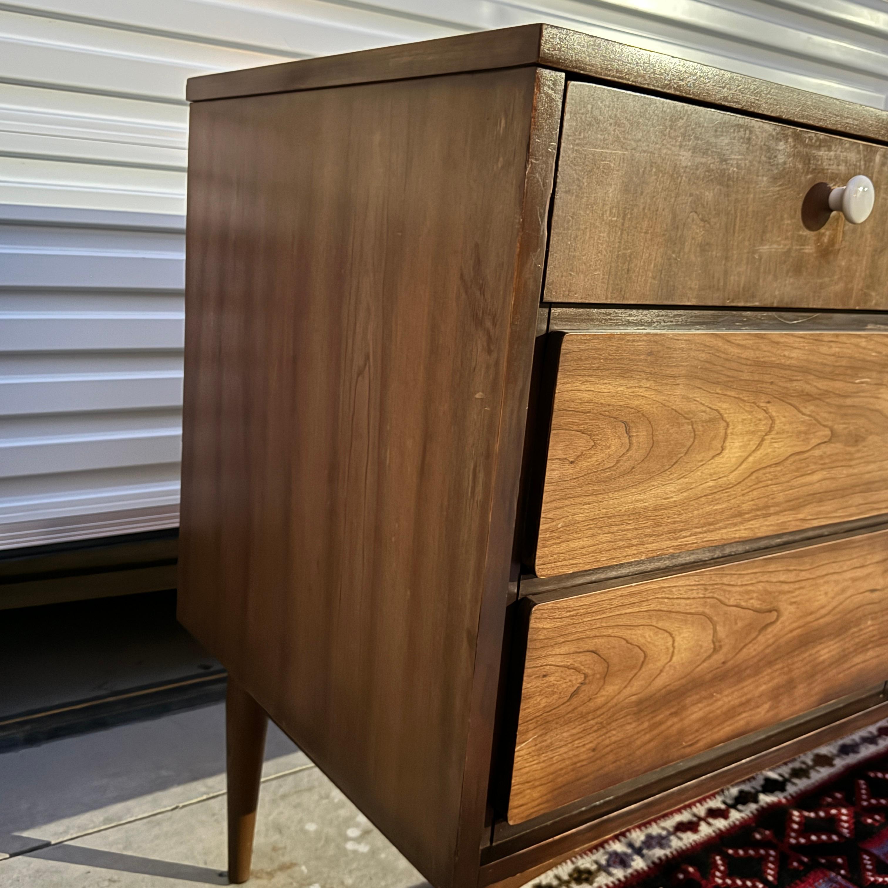 American 1950s Mid Century Modern Dixie Walnut Lowboy 9 Drawer Dresser