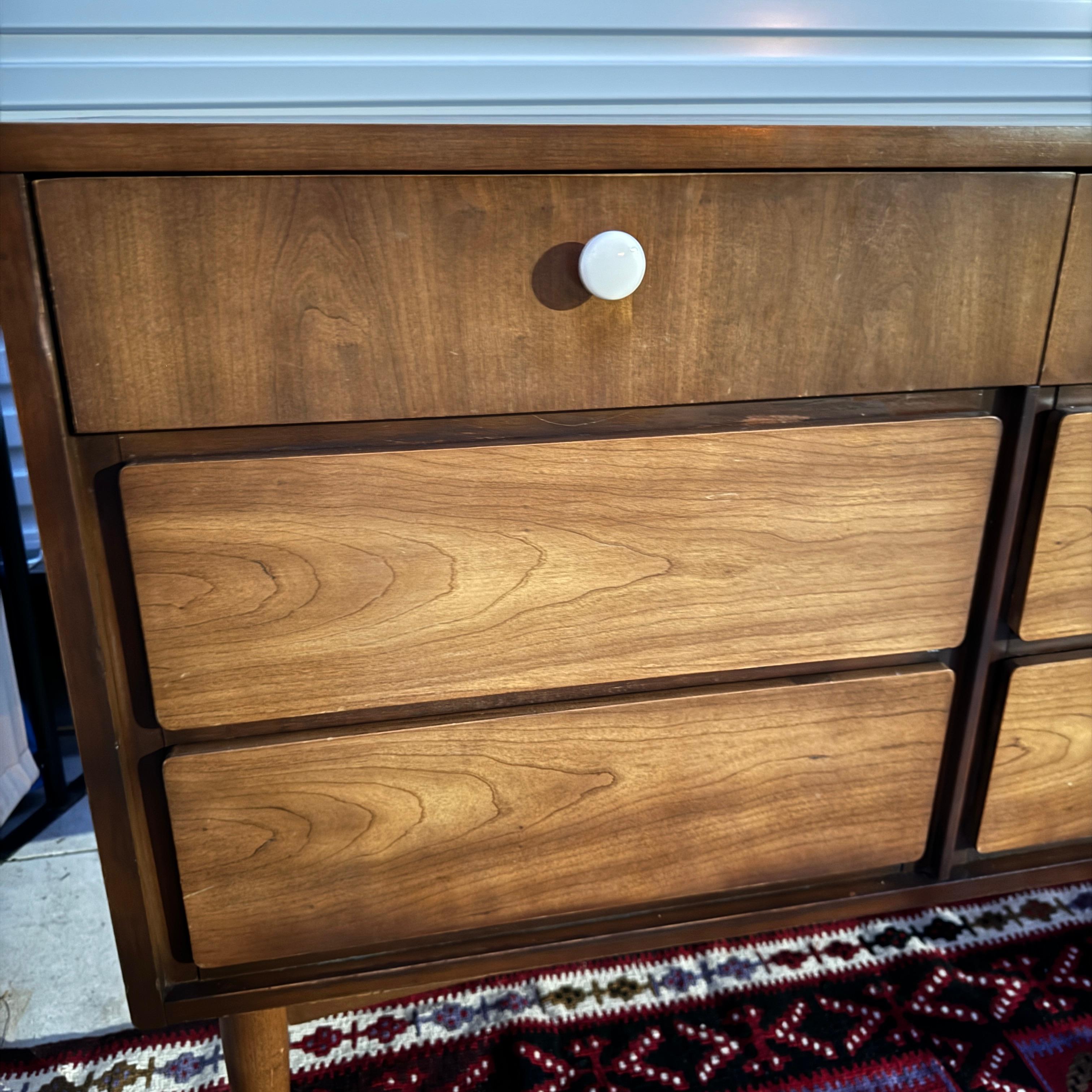 Lacquered 1950s Mid Century Modern Dixie Walnut Lowboy 9 Drawer Dresser