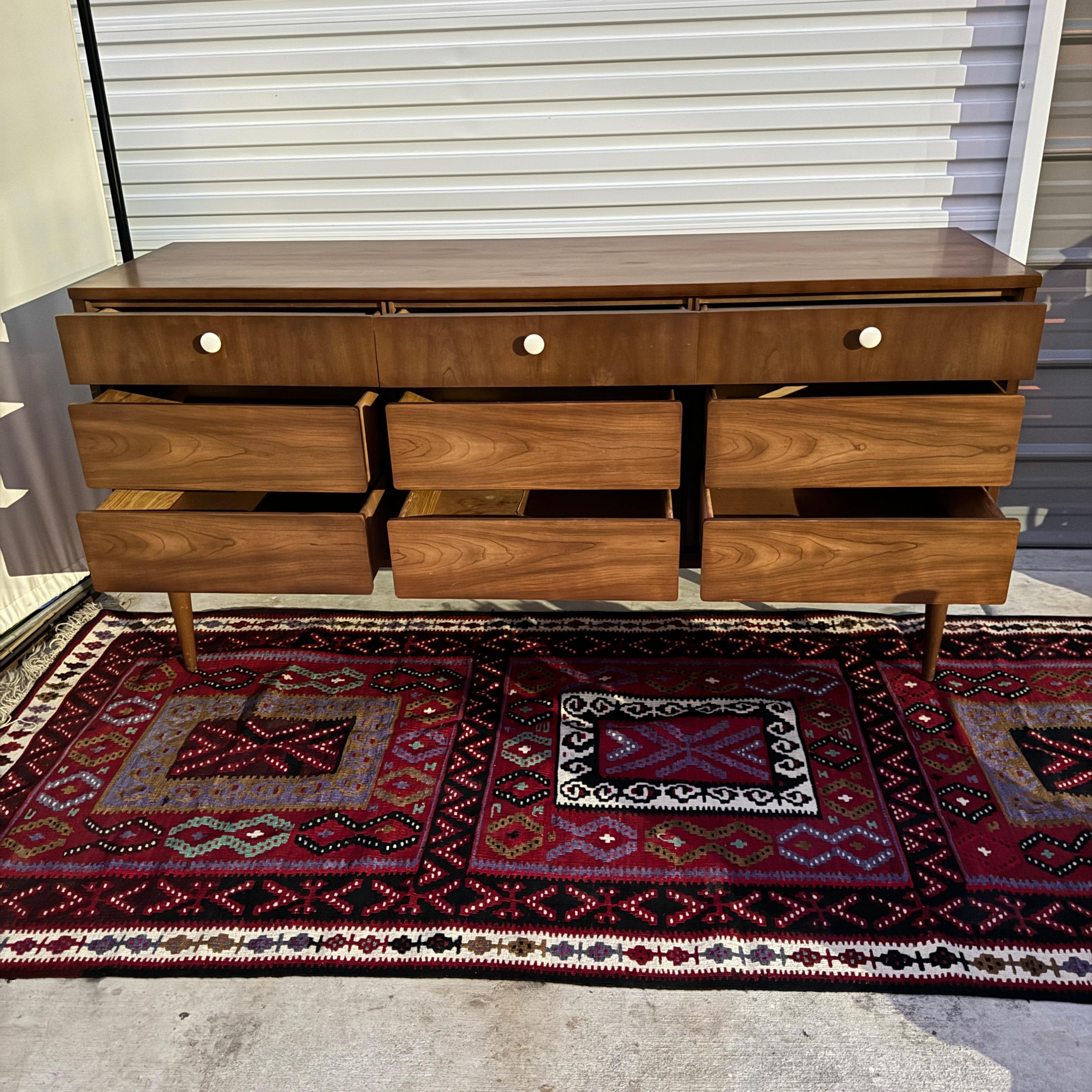 Mid-20th Century 1950s Mid Century Modern Dixie Walnut Lowboy 9 Drawer Dresser