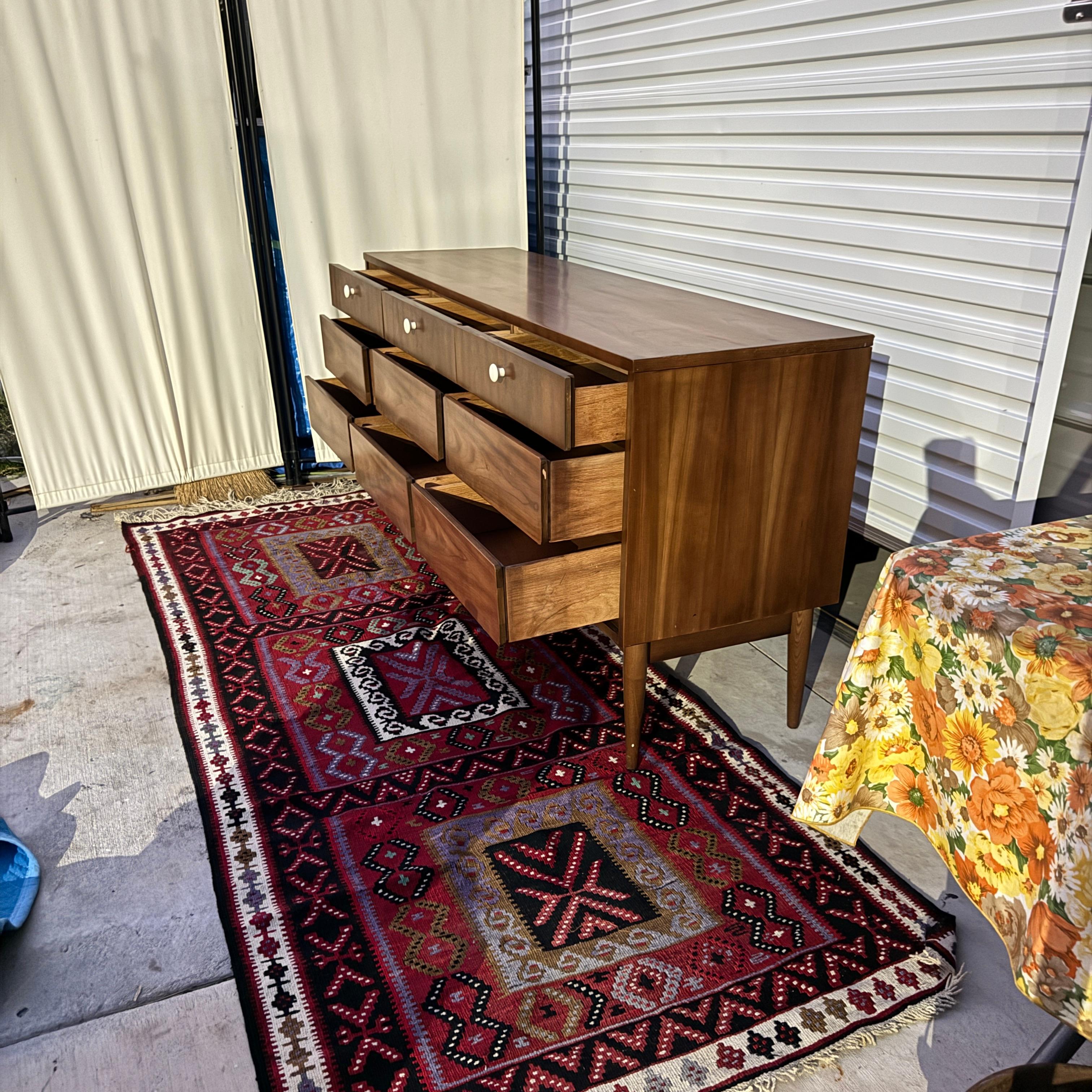 Porcelain 1950s Mid Century Modern Dixie Walnut Lowboy 9 Drawer Dresser