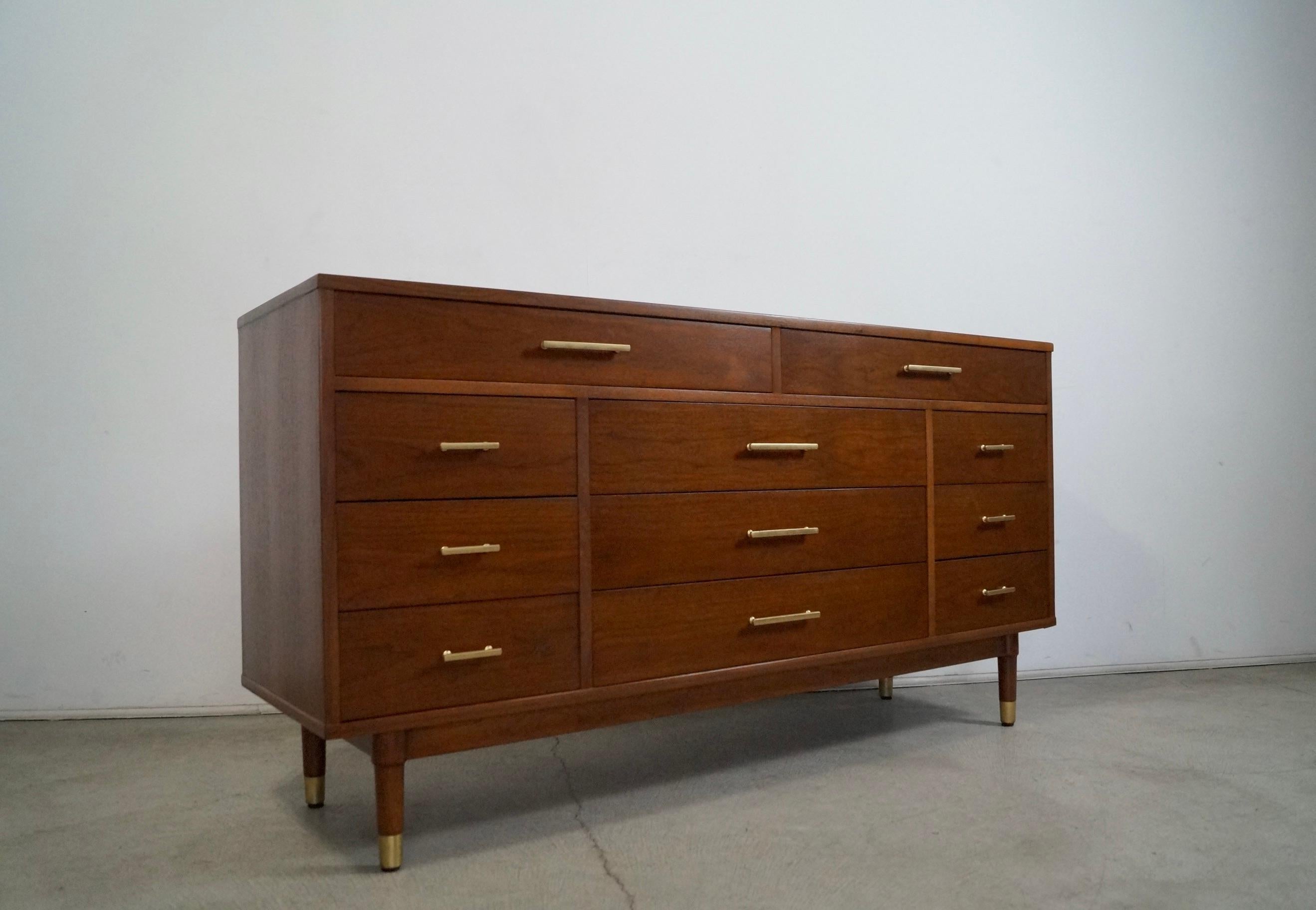 Brass 1950's Mid-Century Modern Drexel Biscayne Walnut 11-Drawer Dresser For Sale