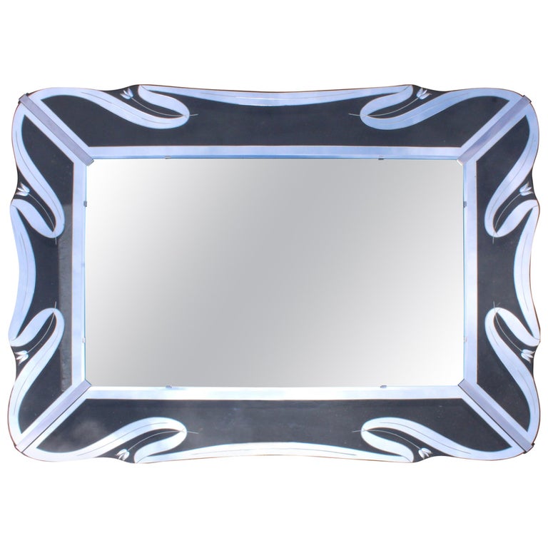 1950s MidCentury Modern Etched Glass Mirror For Sale at 1stDibs