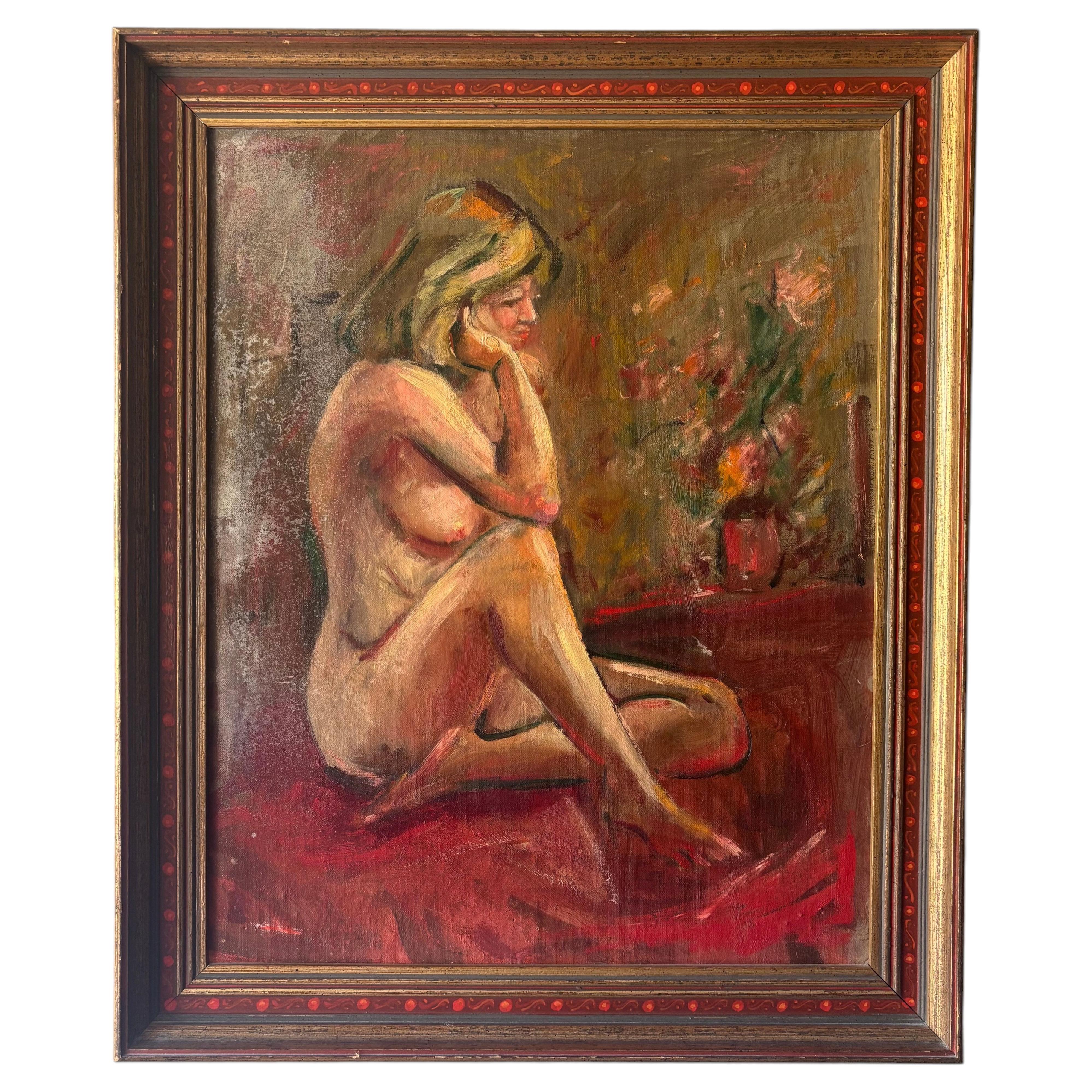 Dipinto a olio degli anni '50 in stile Mid-Century Modern raffigurante un nudo femminile espressionista