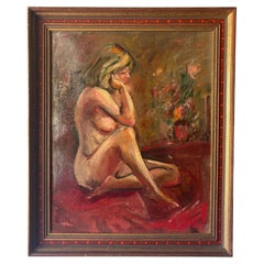 Peinture à l'huile représentant un nu féminin expressionniste, style « Mid-Century Modern », des années 1950