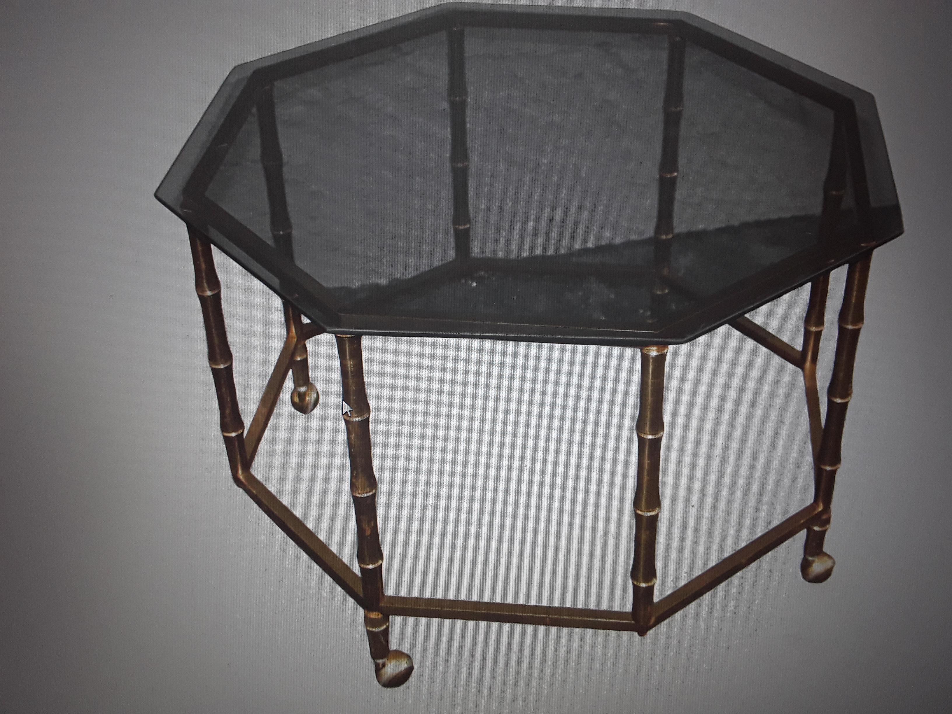 1950s Mid Century Modern Faux Bamboo GiltMetal Coffee/Coctail Table Smoked Glass For Sale 4