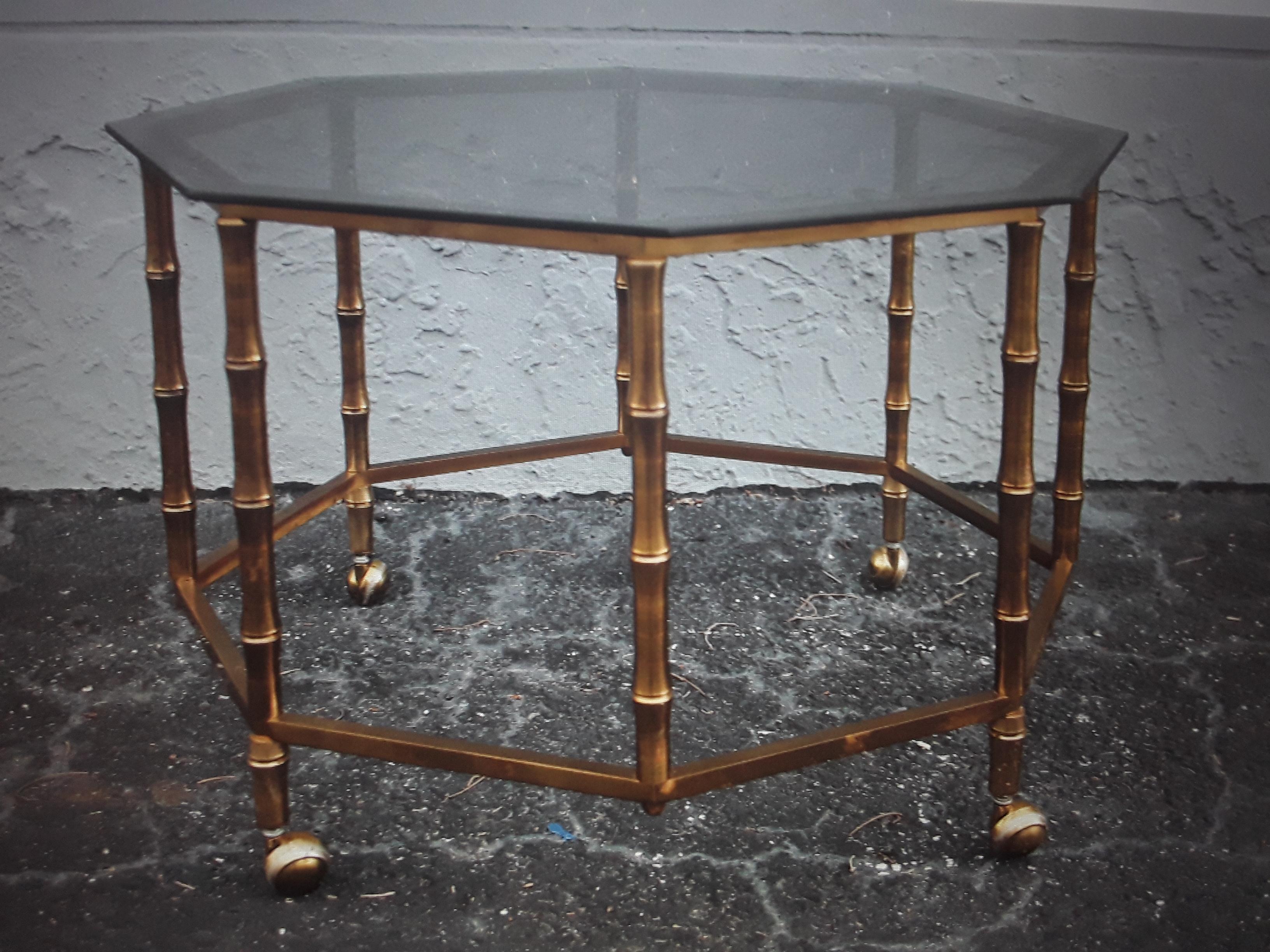 1950s Mid Century Modern Faux Bamboo GiltMetal Coffee/Coctail Table Smoked Glass In Good Condition For Sale In Opa Locka, FL