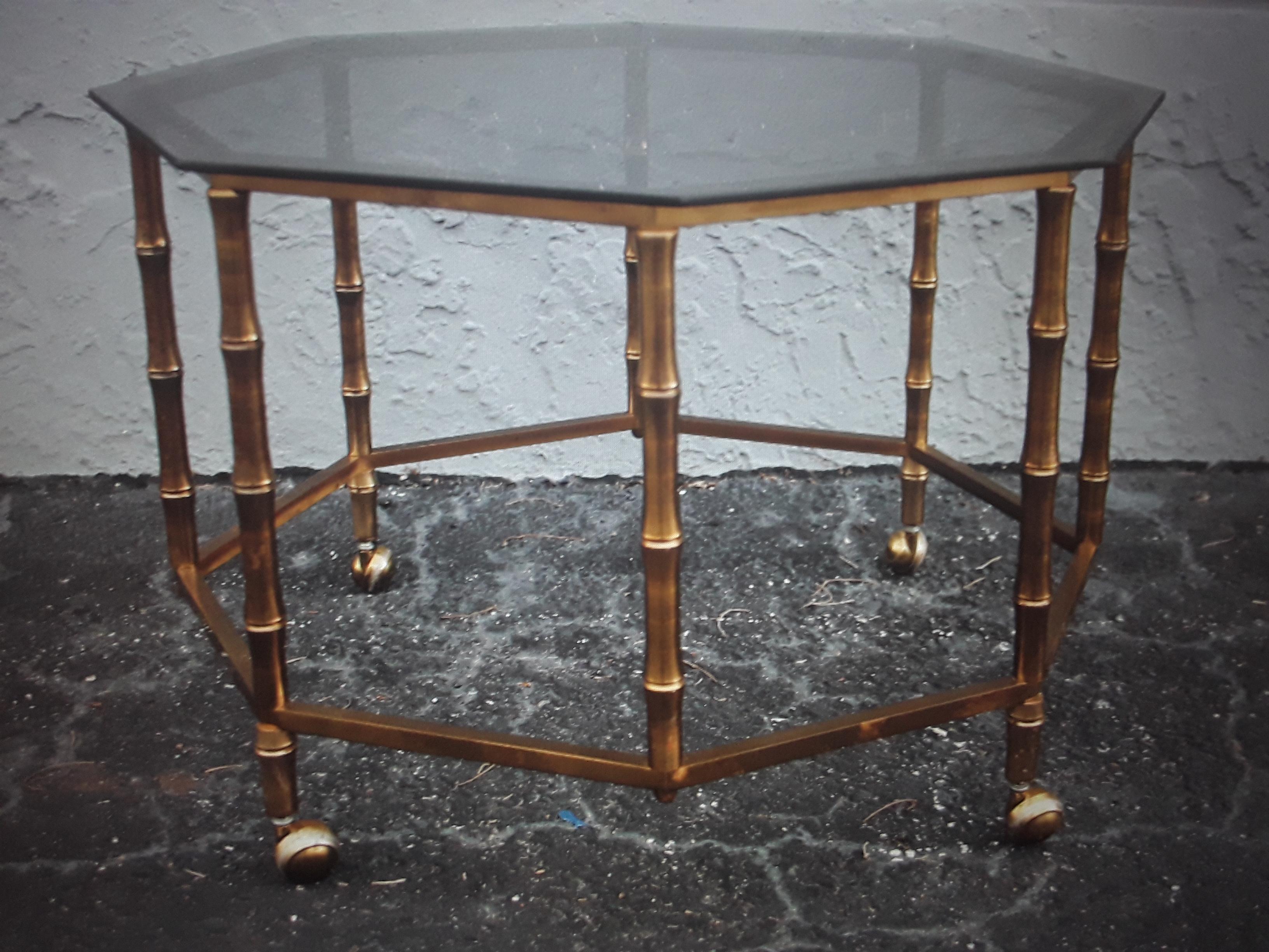 Mid-20th Century 1950s Mid Century Modern Faux Bamboo GiltMetal Coffee/Coctail Table Smoked Glass For Sale