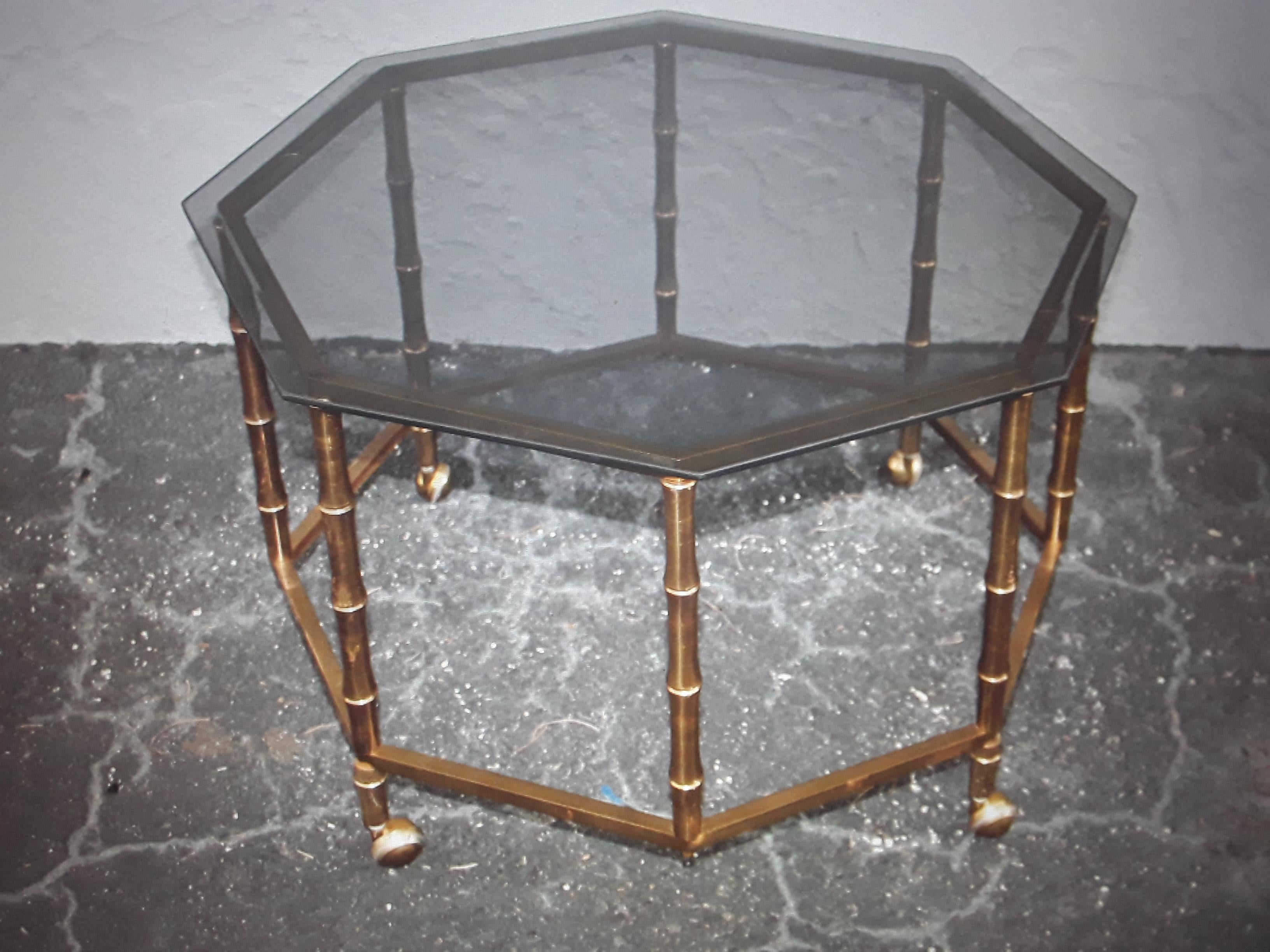 1950s Mid Century Modern Faux Bamboo GiltMetal Coffee/Coctail Table Smoked Glass For Sale 1
