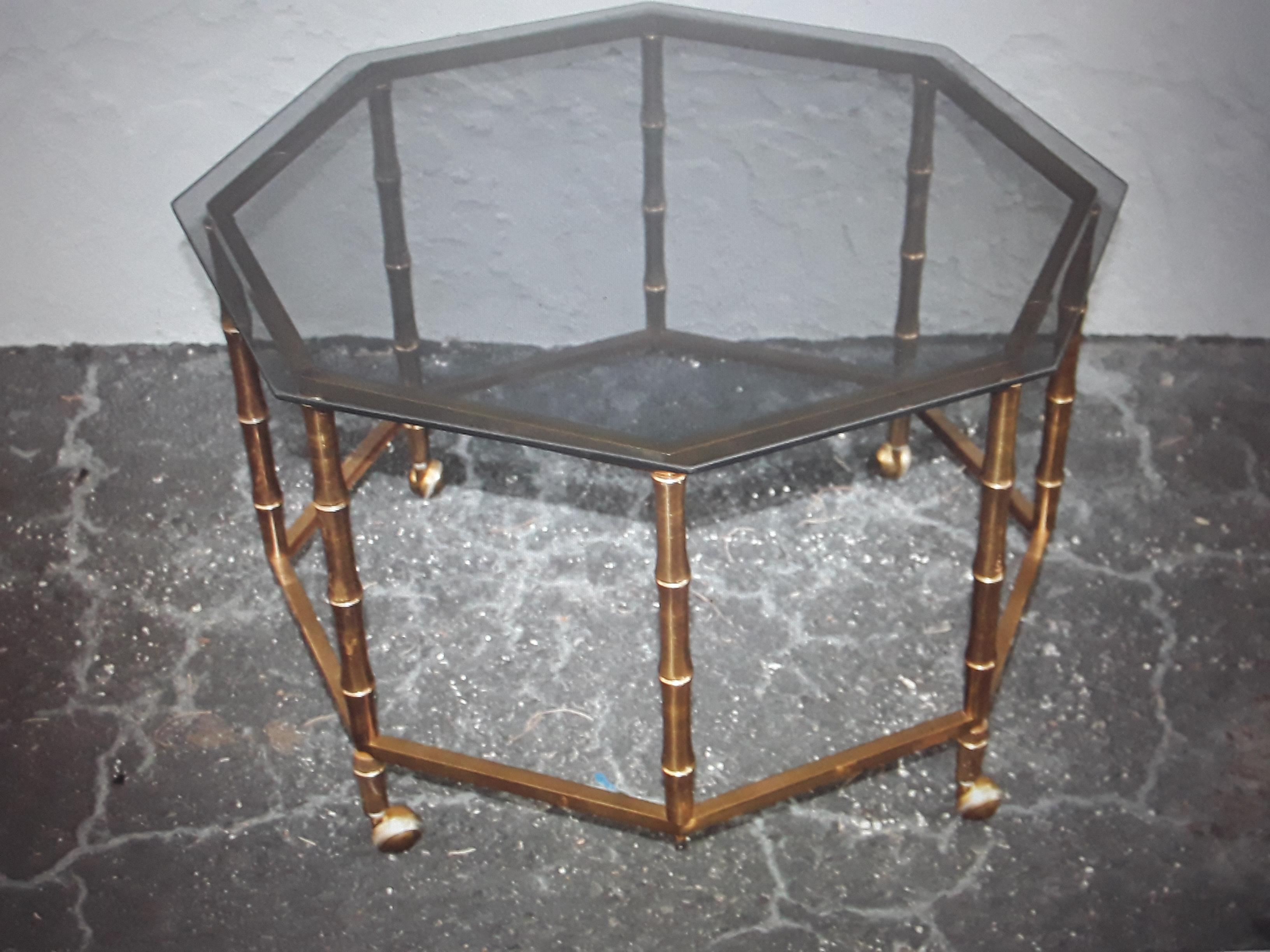 1950s Mid Century Modern Faux Bamboo GiltMetal Coffee/Coctail Table Smoked Glass For Sale 2