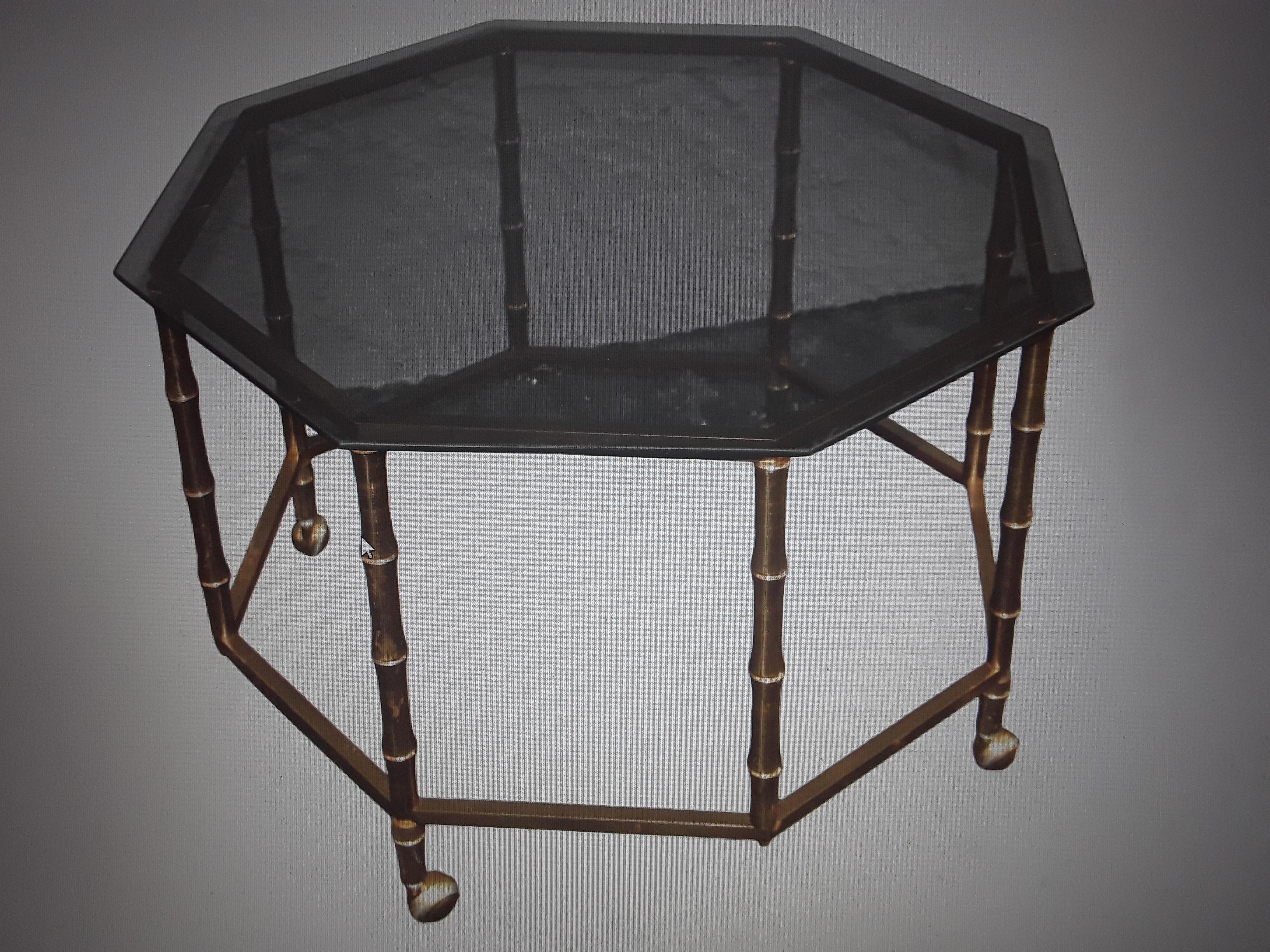1950s Mid Century Modern Faux Bamboo GiltMetal Coffee/Coctail Table Smoked Glass For Sale 3