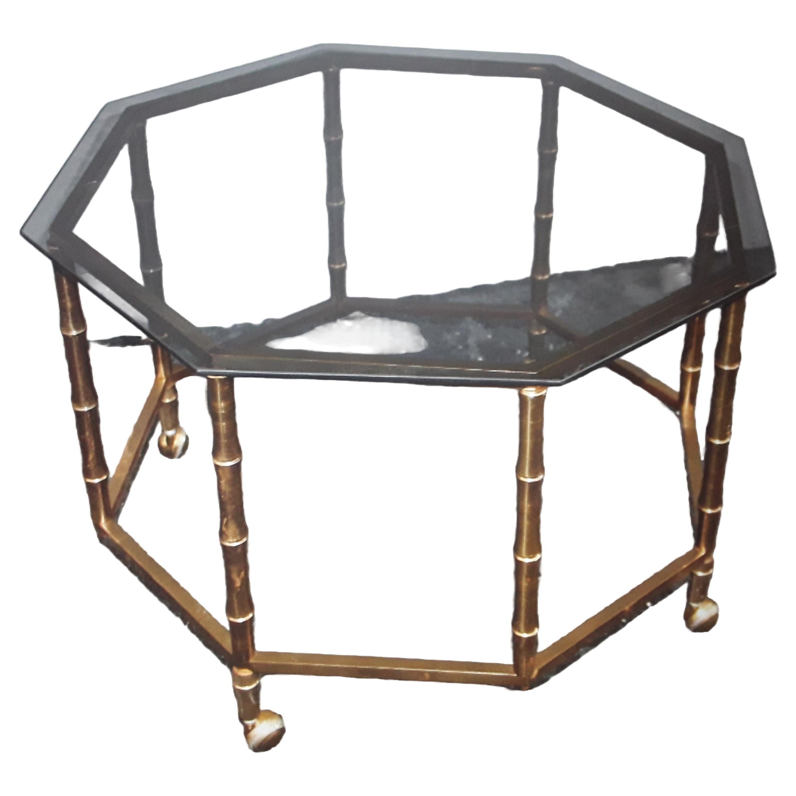 1950s Mid Century Modern Faux Bamboo GiltMetal Coffee/Coctail Table Smoked Glass For Sale