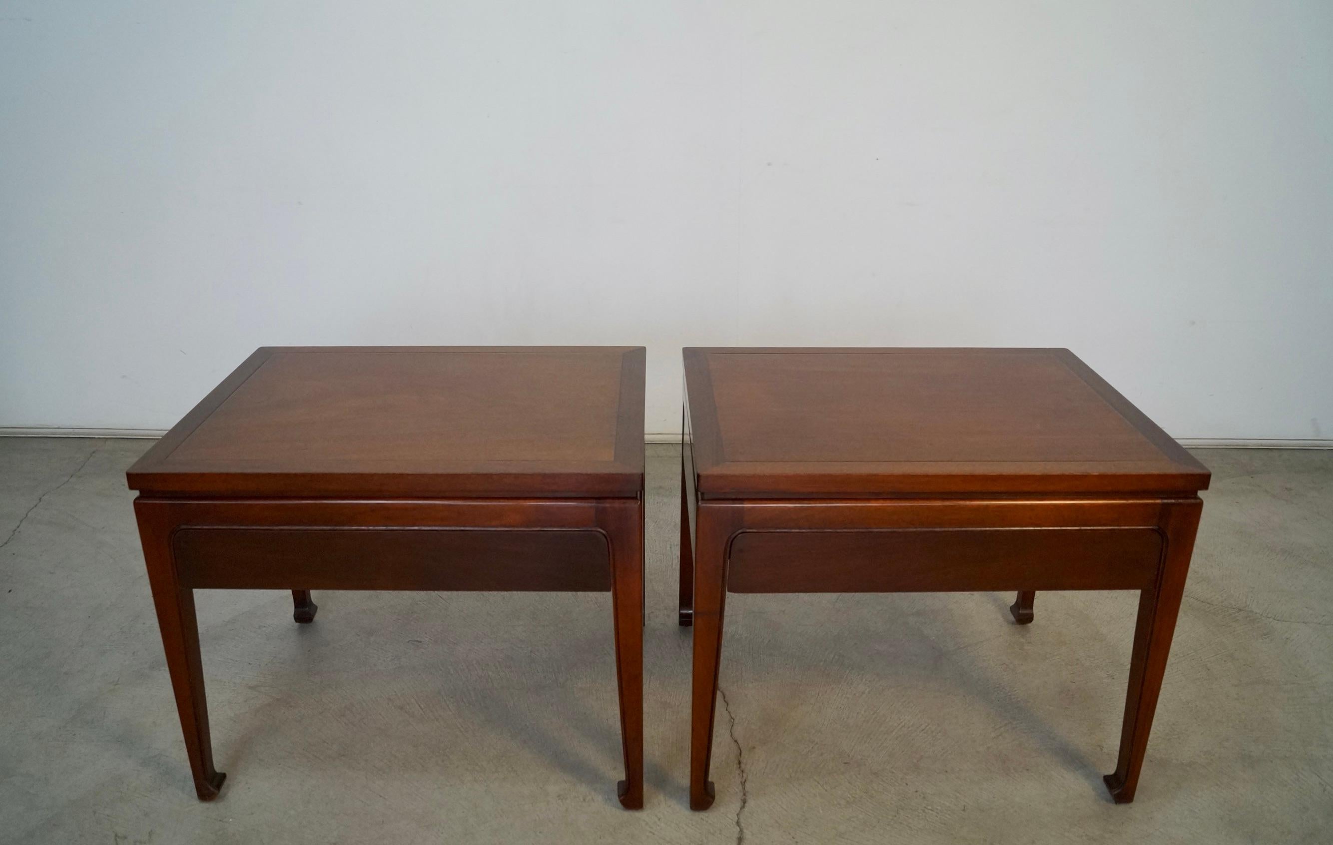 Vintage Midcentury Modern night stands for sale. Manufactured in the 1950's by Fine Arts Furniture, and are in good original condition. They have a clean design with a drawer that pulls out, and a finish on the back. They can divide a space, and can