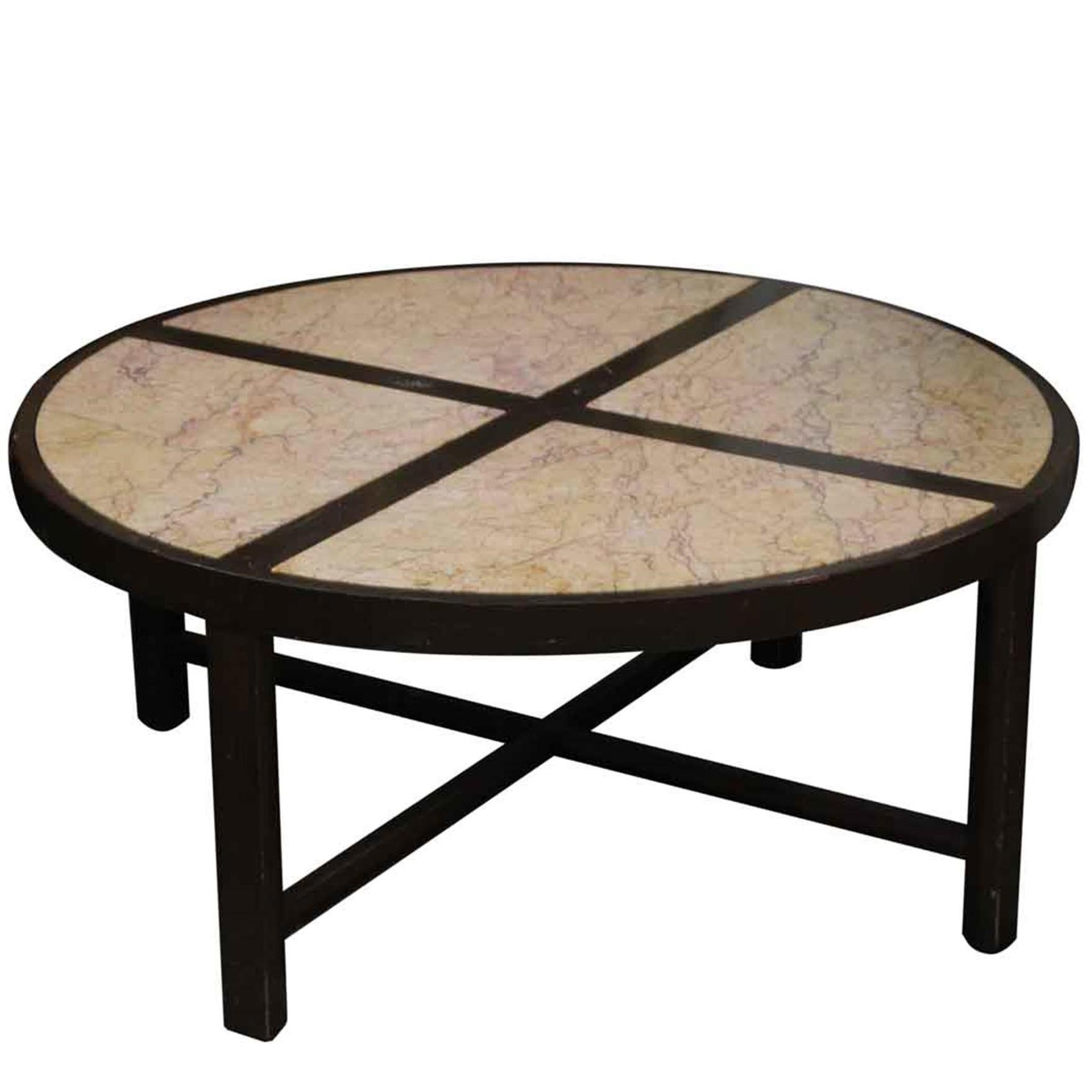 1950s Mid-Century Modern Four Section Marble Top and Dark Tone Wood Coffee Table