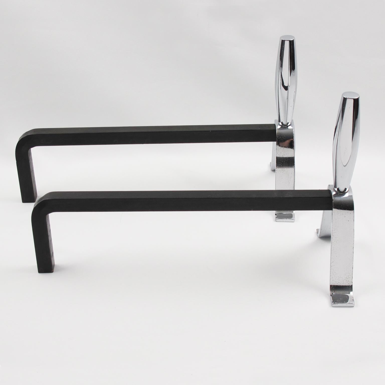 Mid-20th Century 1950s Mid-Century Modern French Polished Chrome and Wrought Iron Andirons