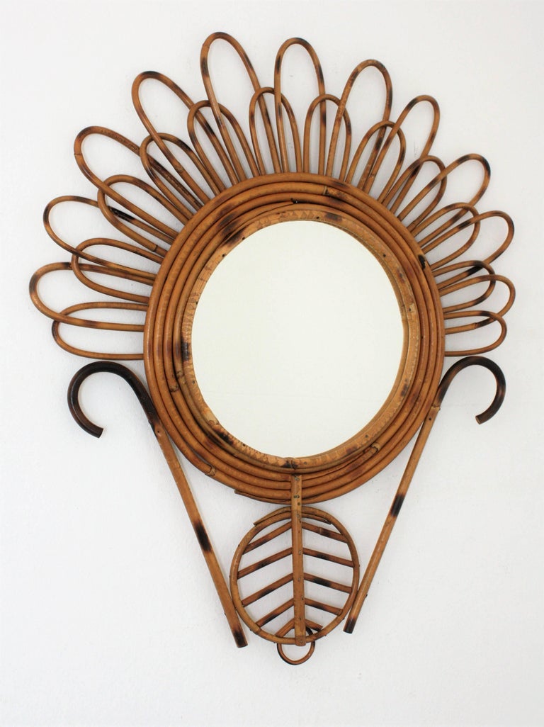 French Riviera Rattan Flower Mirror / Wall Decoration For Sale at