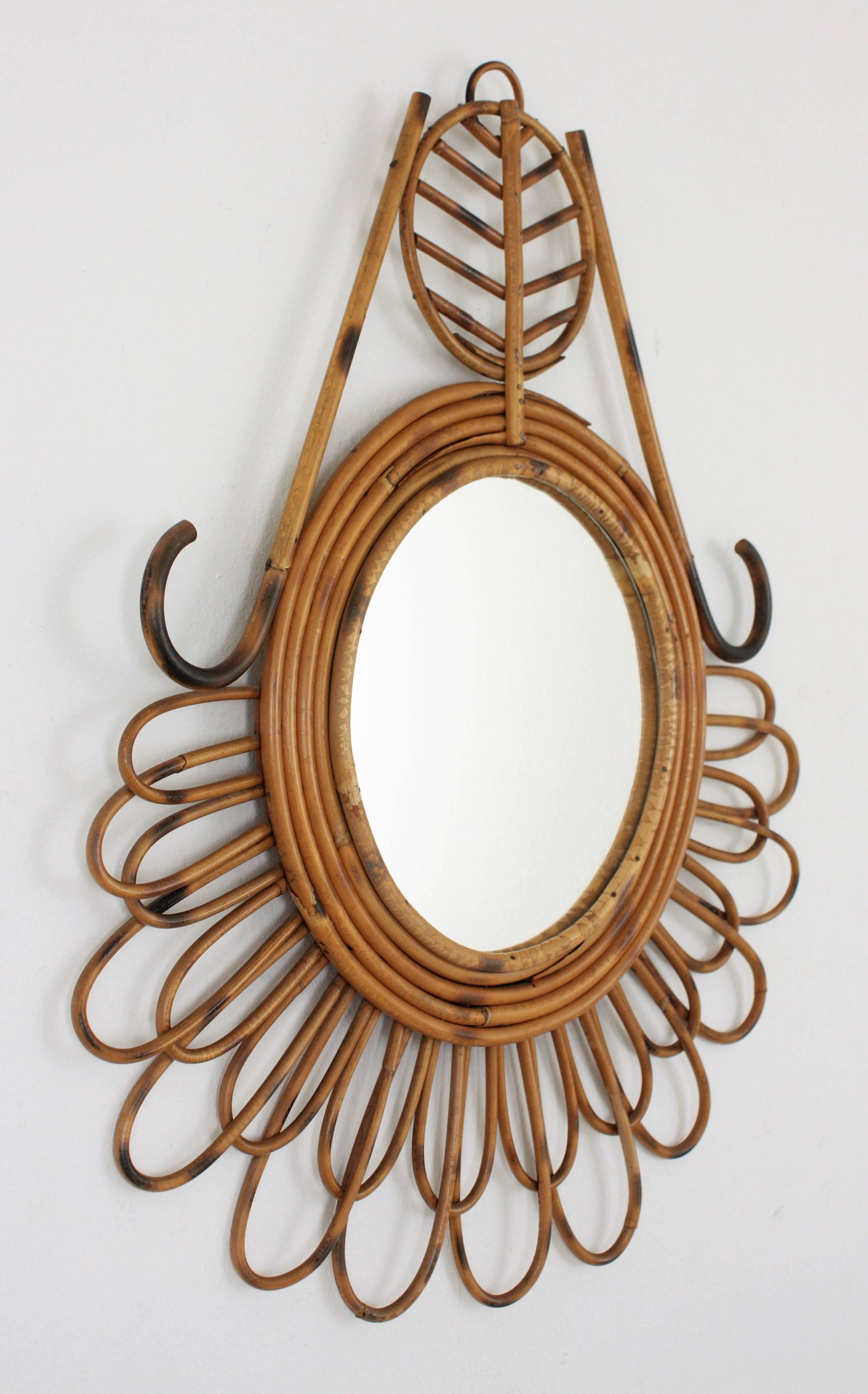 Mid-Century Modern French Riviera Rattan Flower Shaped Wall Mirror  For Sale