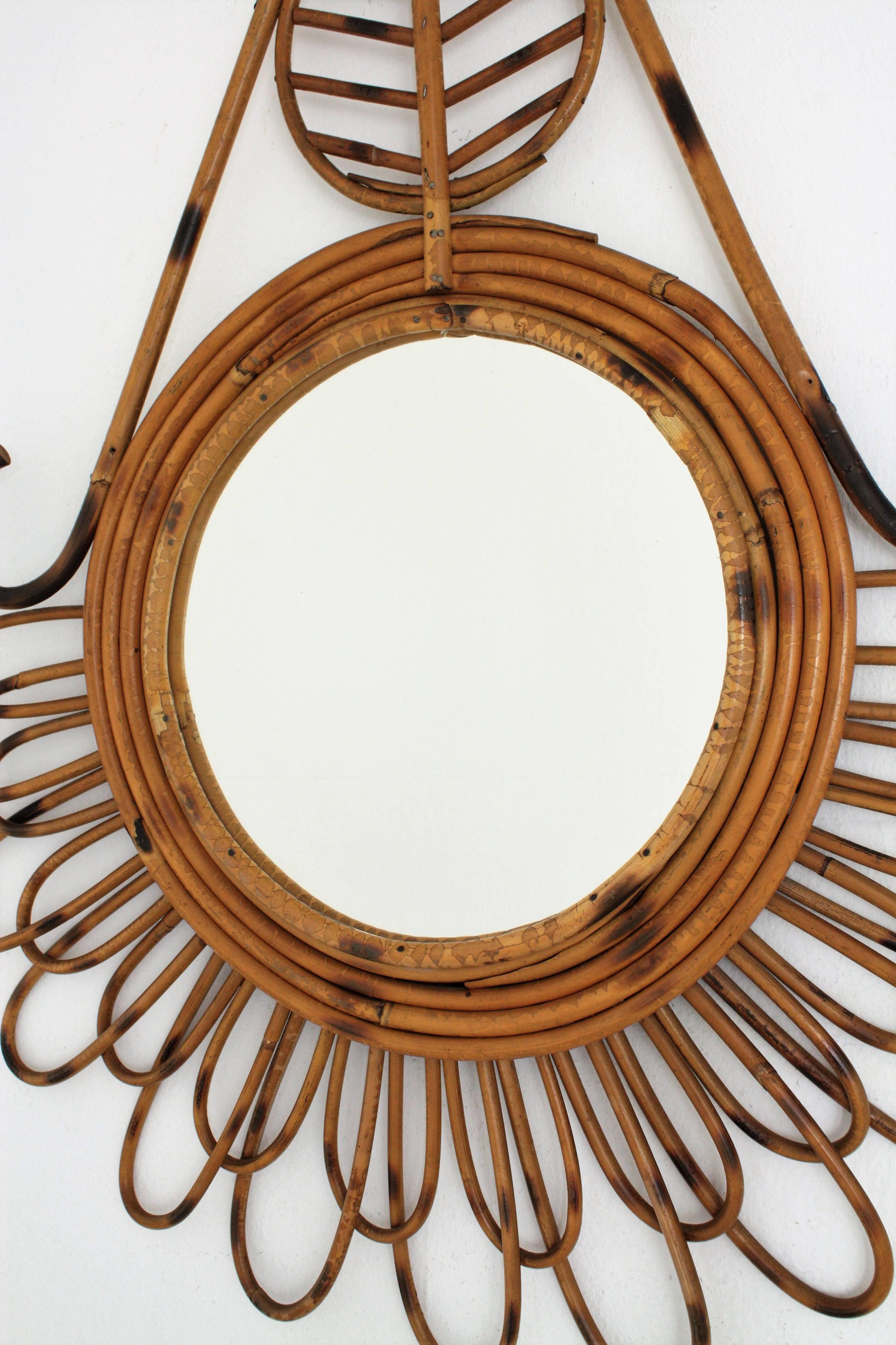 Hand-Crafted French Riviera Rattan Flower Shaped Wall Mirror  For Sale