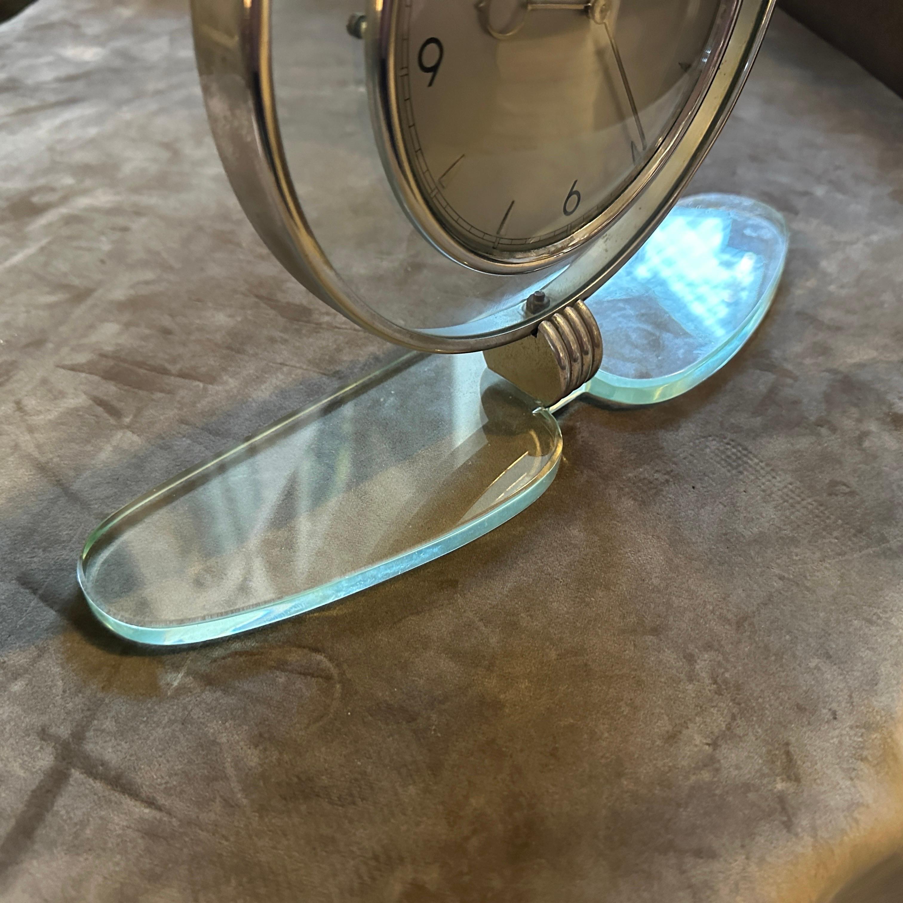 1950s Mid-Century Modern Glass and Chromed Metal Italian Table Clock by Ducale For Sale 9