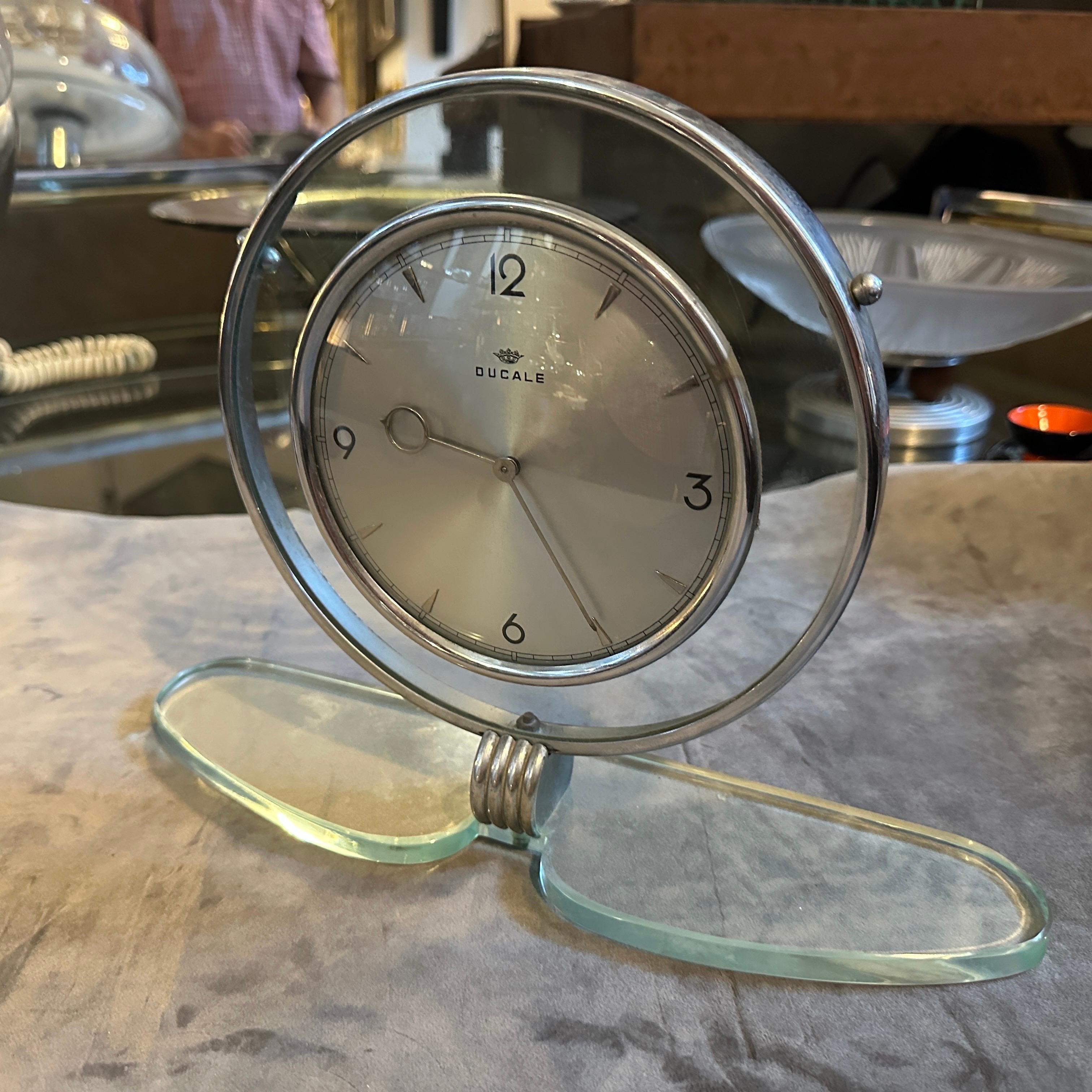 1950s Mid-Century Modern Glass and Chromed Metal Italian Table Clock by Ducale For Sale 1