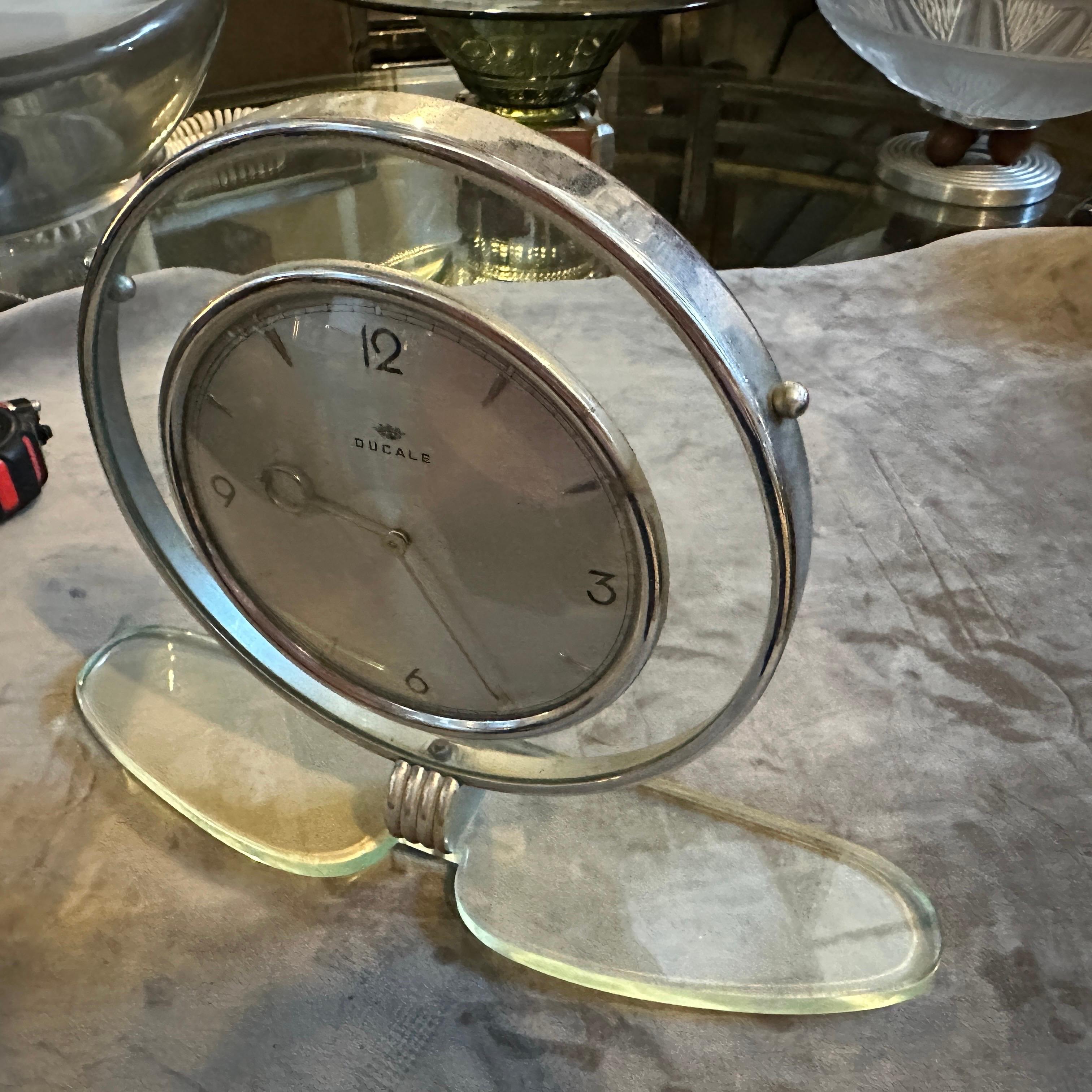 1950s Mid-Century Modern Glass and Chromed Metal Italian Table Clock by Ducale For Sale 5