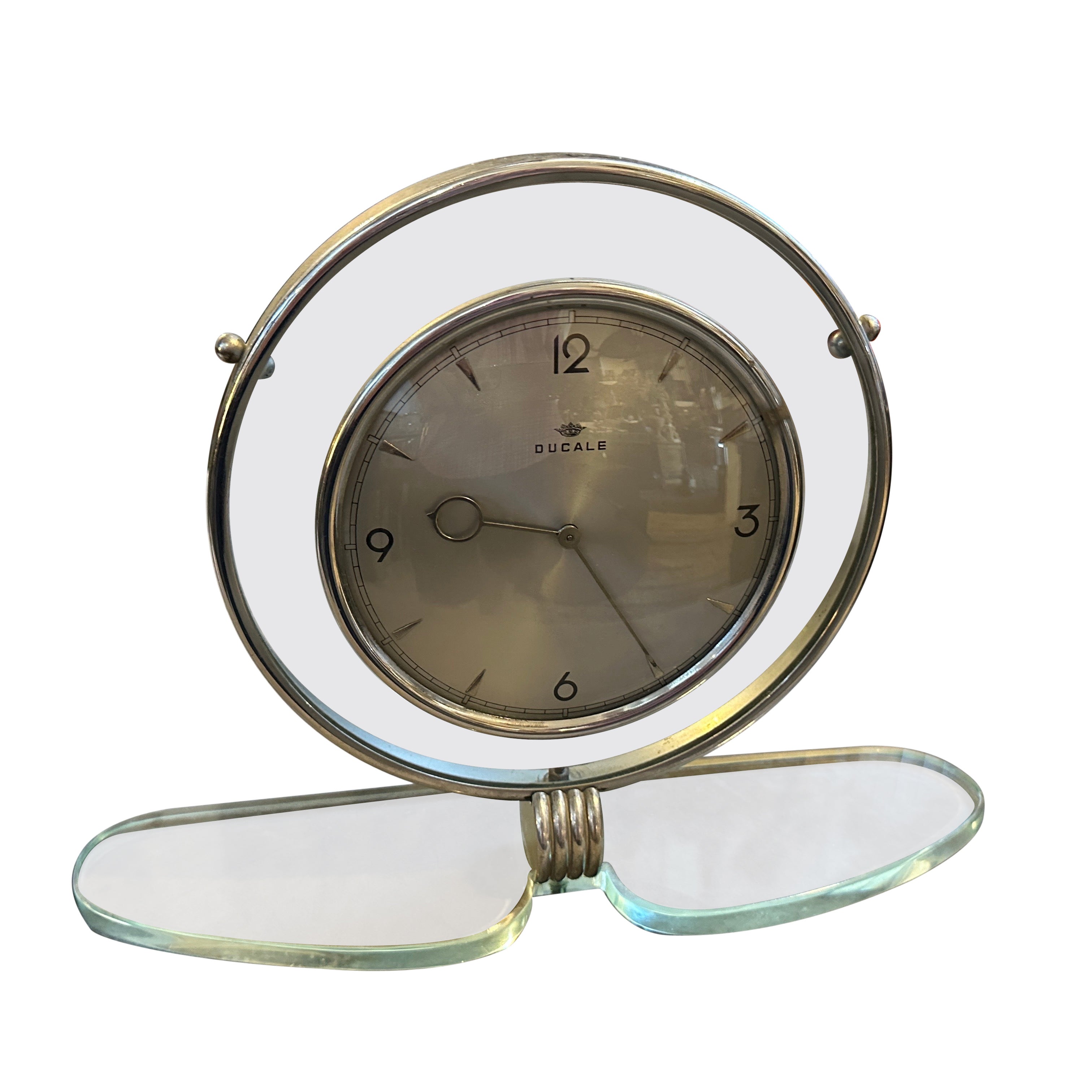 1950s Mid-Century Modern Glass and Chromed Metal Italian Table Clock by Ducale For Sale