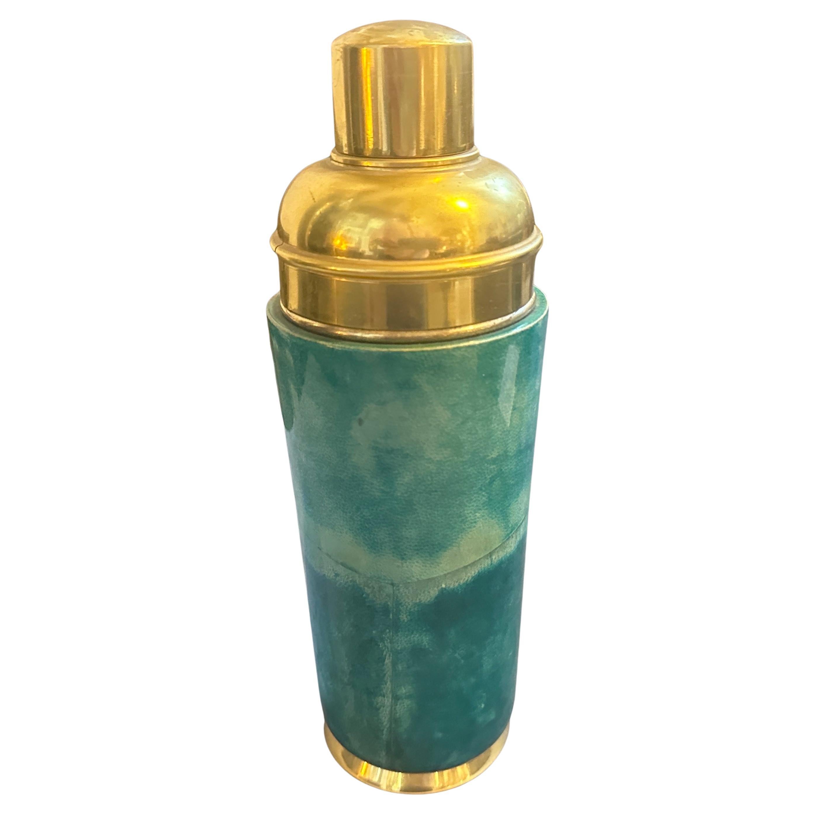 1950s Mid-century Modern green Goatskin and Brass Cocktail Shaker by Aldo Tura